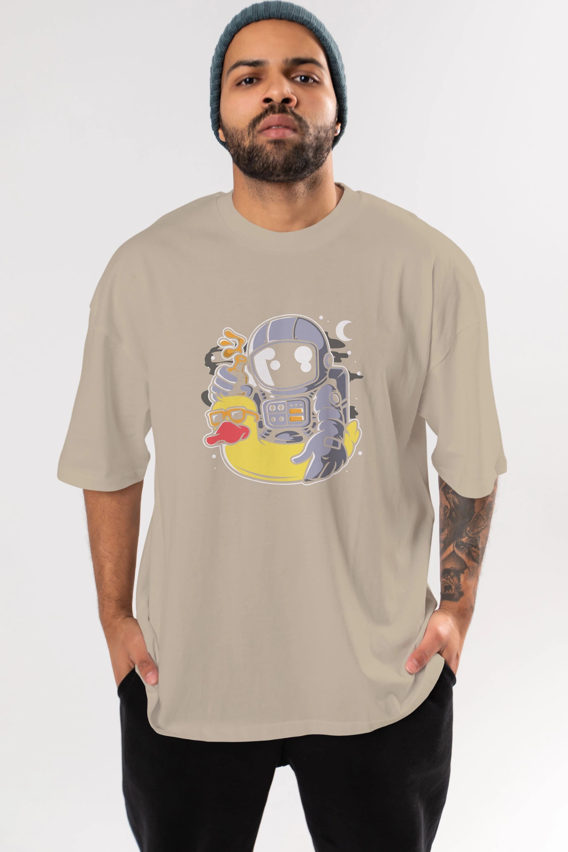 Astronaut Duck Balloon Ön Baskılı Oversize t-shirt Erkek Kadın Unisex