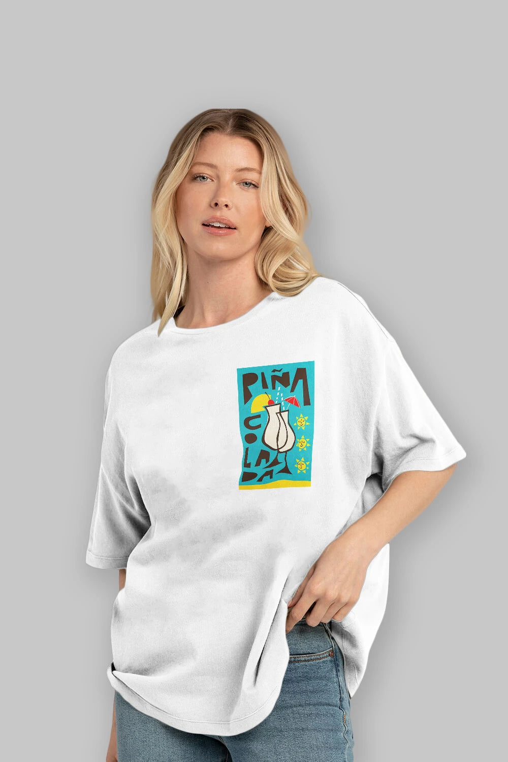 Pina Colada 4 Ön Sol Baskılı Oversize t-shirt Erkek Kadın Unisex %100 Pamuk Bisiklet Yaka tişort