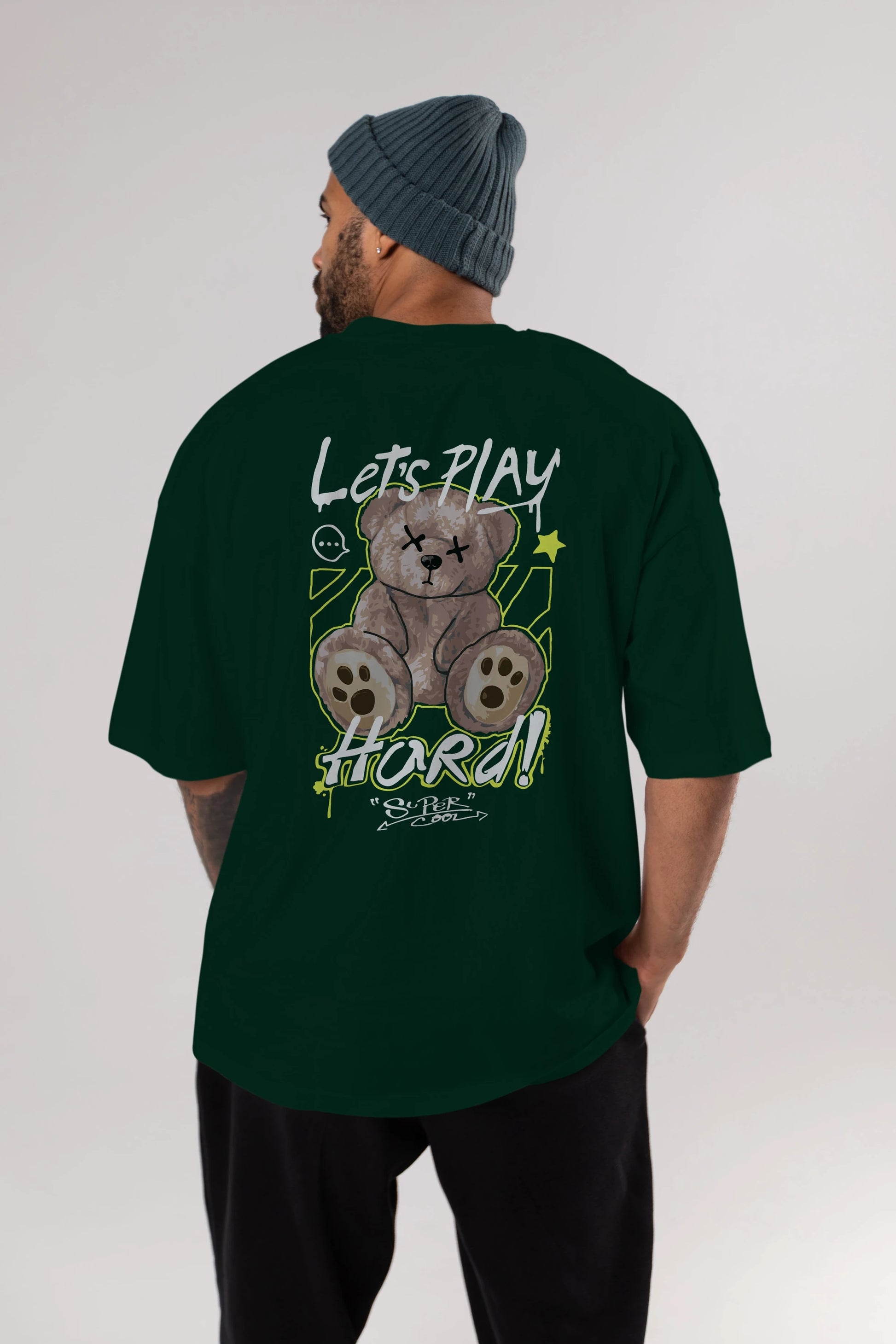 Lets Play Hard Bear Arka Baskılı Oversize t-shirt Erkek Kadın Unisex