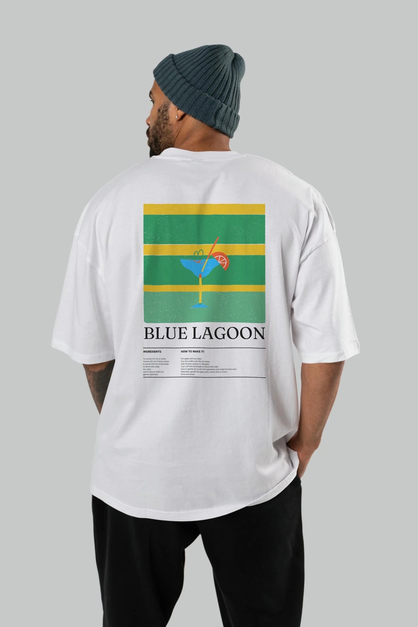 Blue Lagoon Kokteyl Serisi Arka Baskılı Oversize t-shirt Erkek Kadın %100 Pamuk Bisiklet Yaka tişort