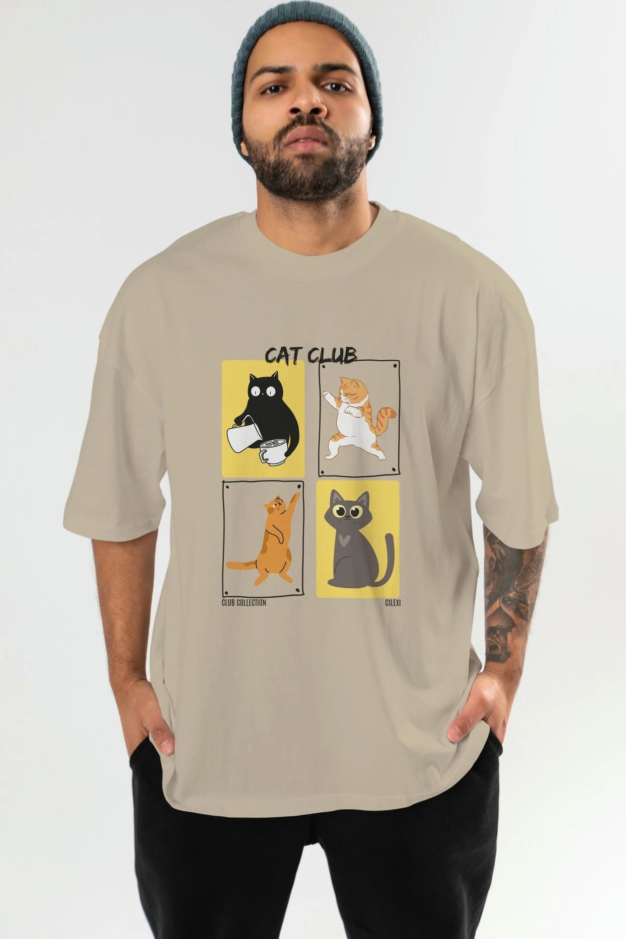 Cat Club ön Baskılı Oversize t-shirt Erkek Kadın %100 Pamuk Bisiklet Yaka tişort