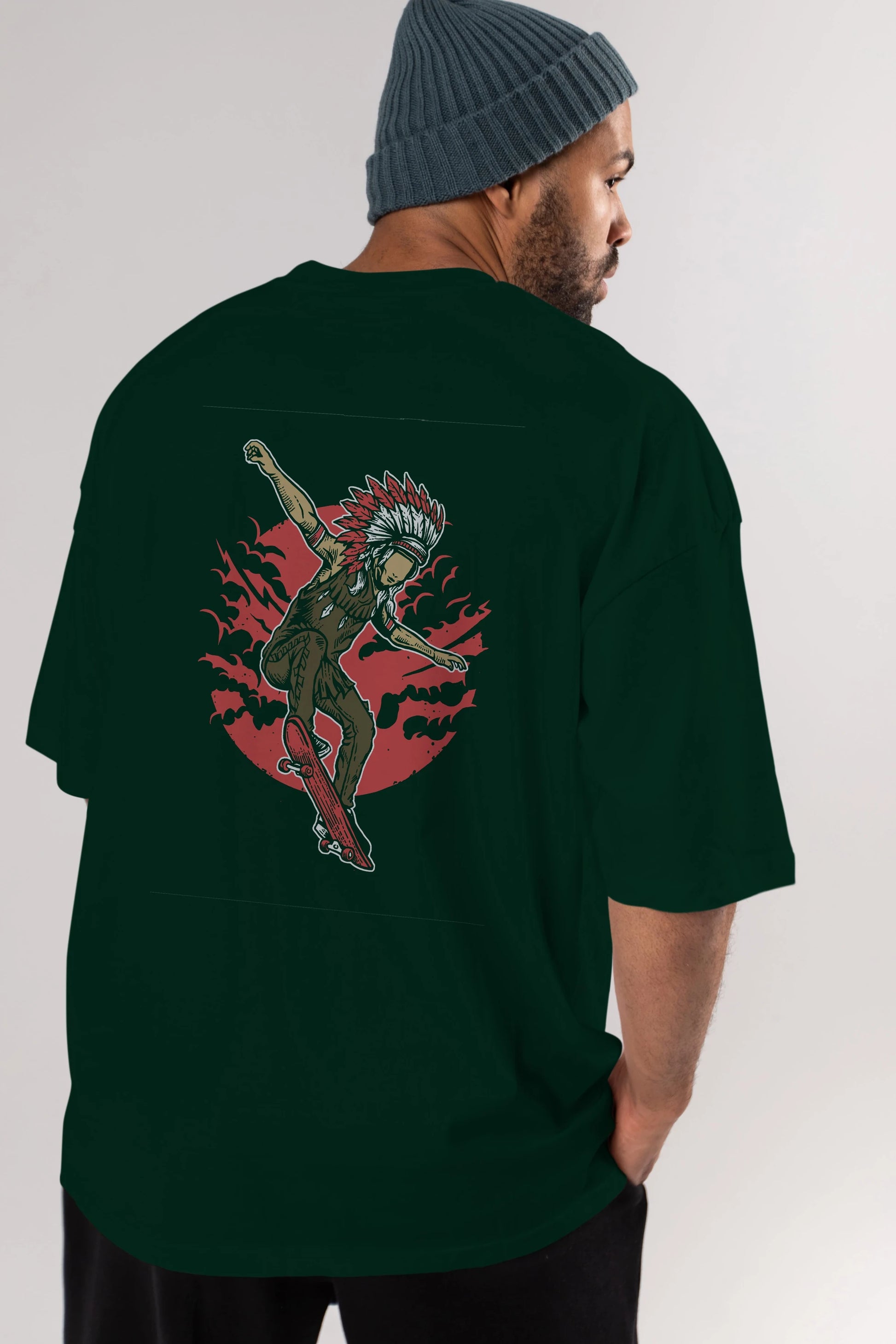 Indian Chief Skateboard Arka Baskılı Oversize t-shirt Erkek Kadın Unisex %100 Pamuk