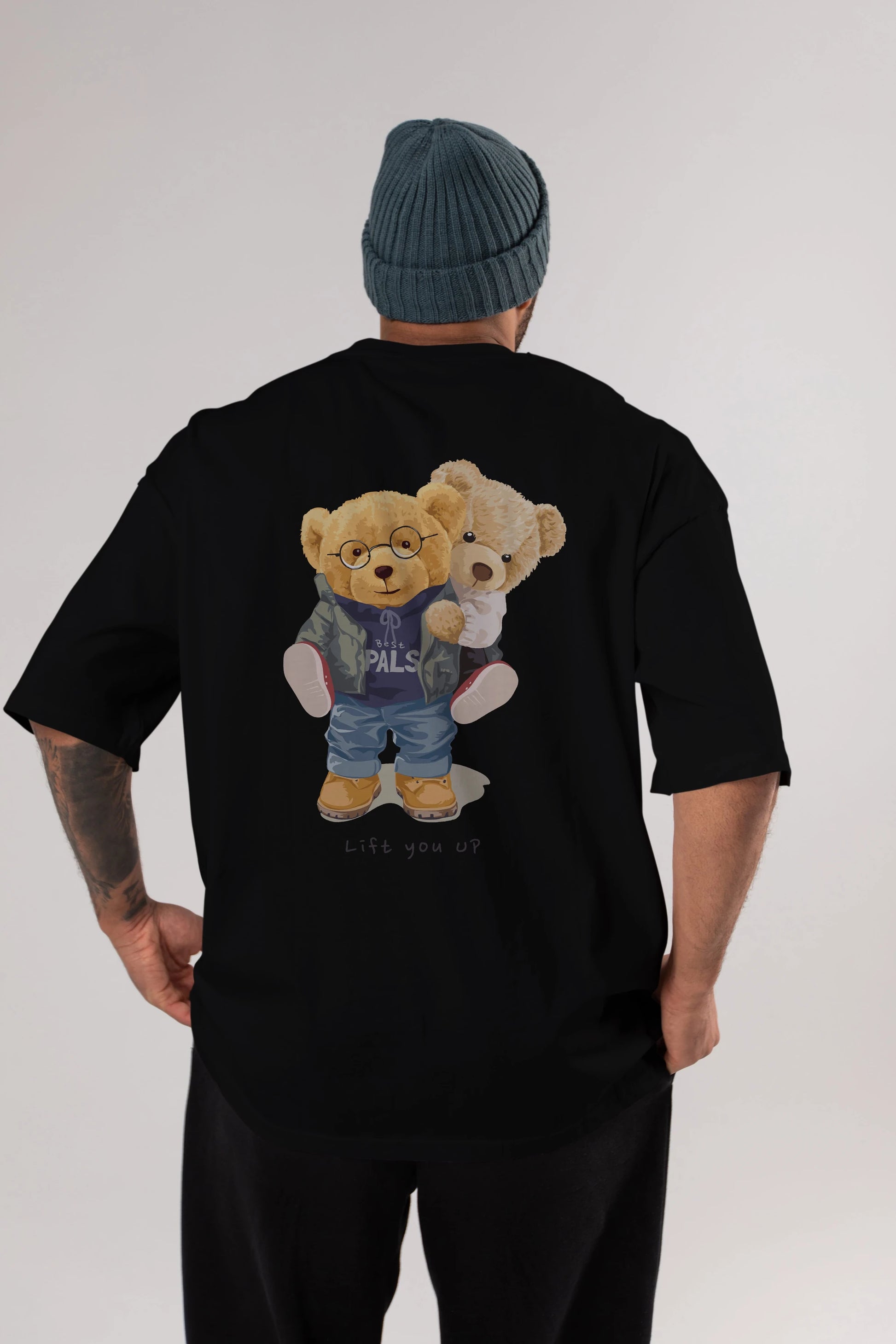 Teddy Bear Lift You Up Arka Baskılı Oversize t-shirt Erkek Kadın Unisex %100 Pamuk