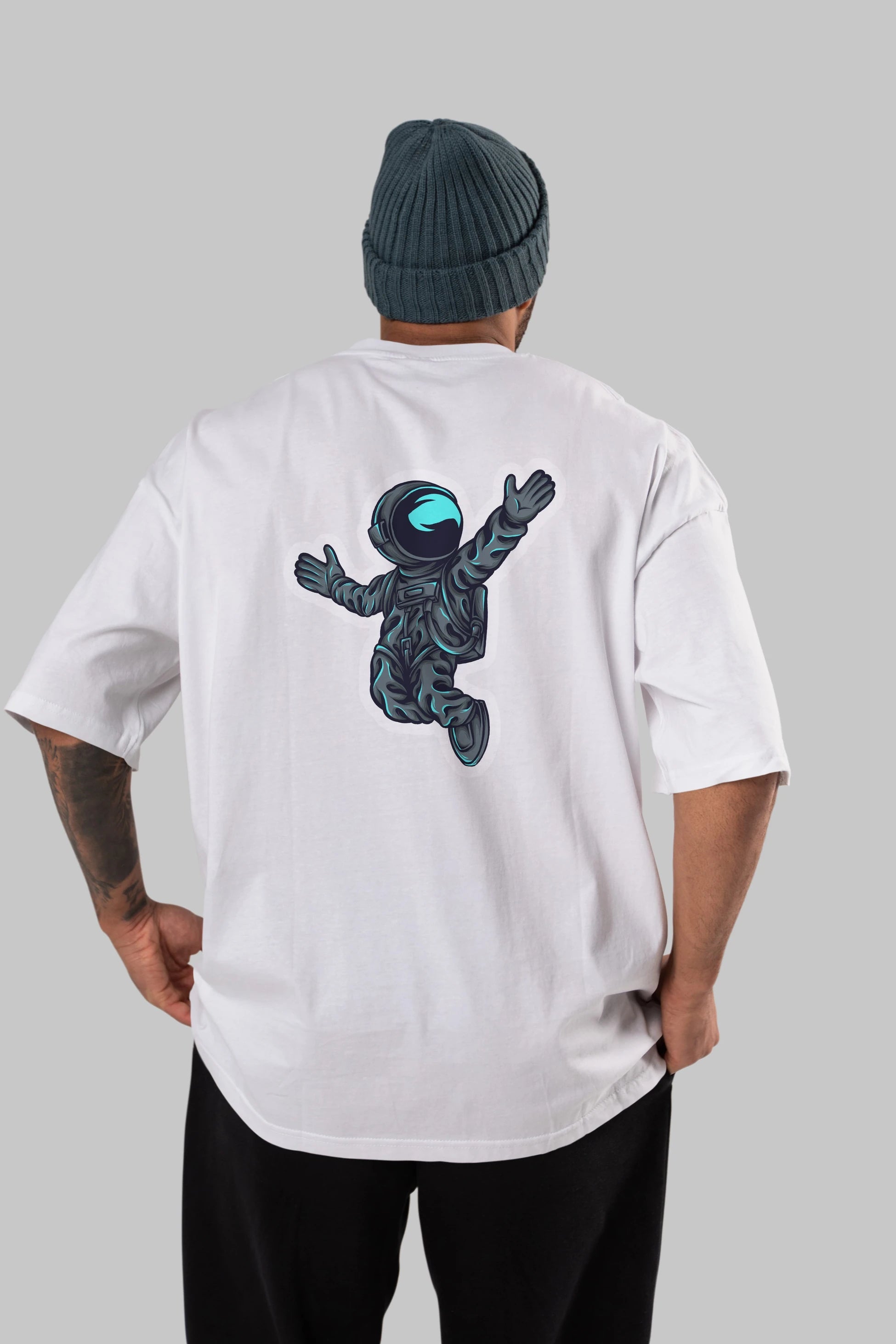 Happy Astronaut Sticker Arka Baskılı Oversize t-shirt Erkek Kadın Unisex