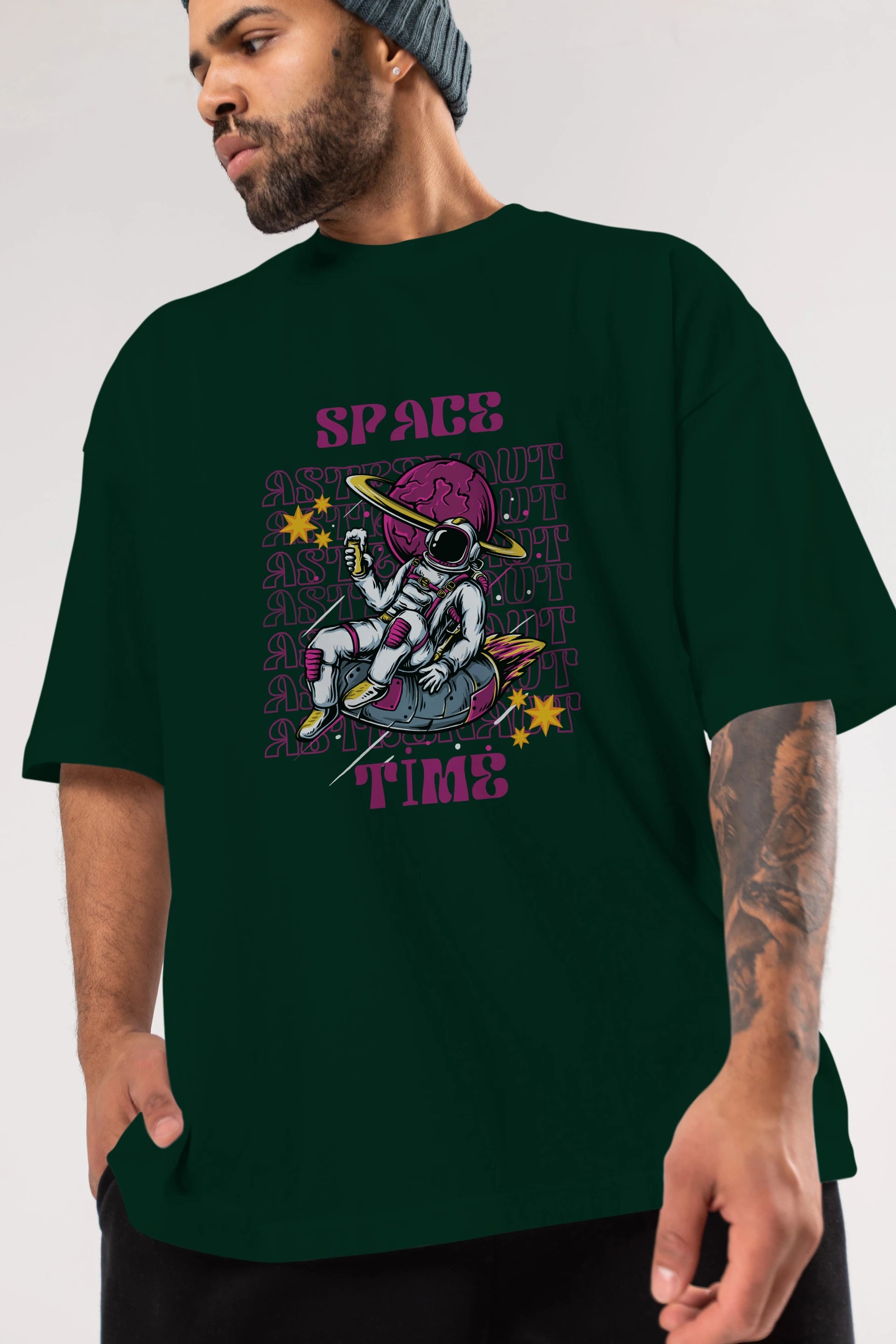 Space Time Astronaut Yazılı Ön Baskılı Oversize t-shirt Erkek Kadın Unisex