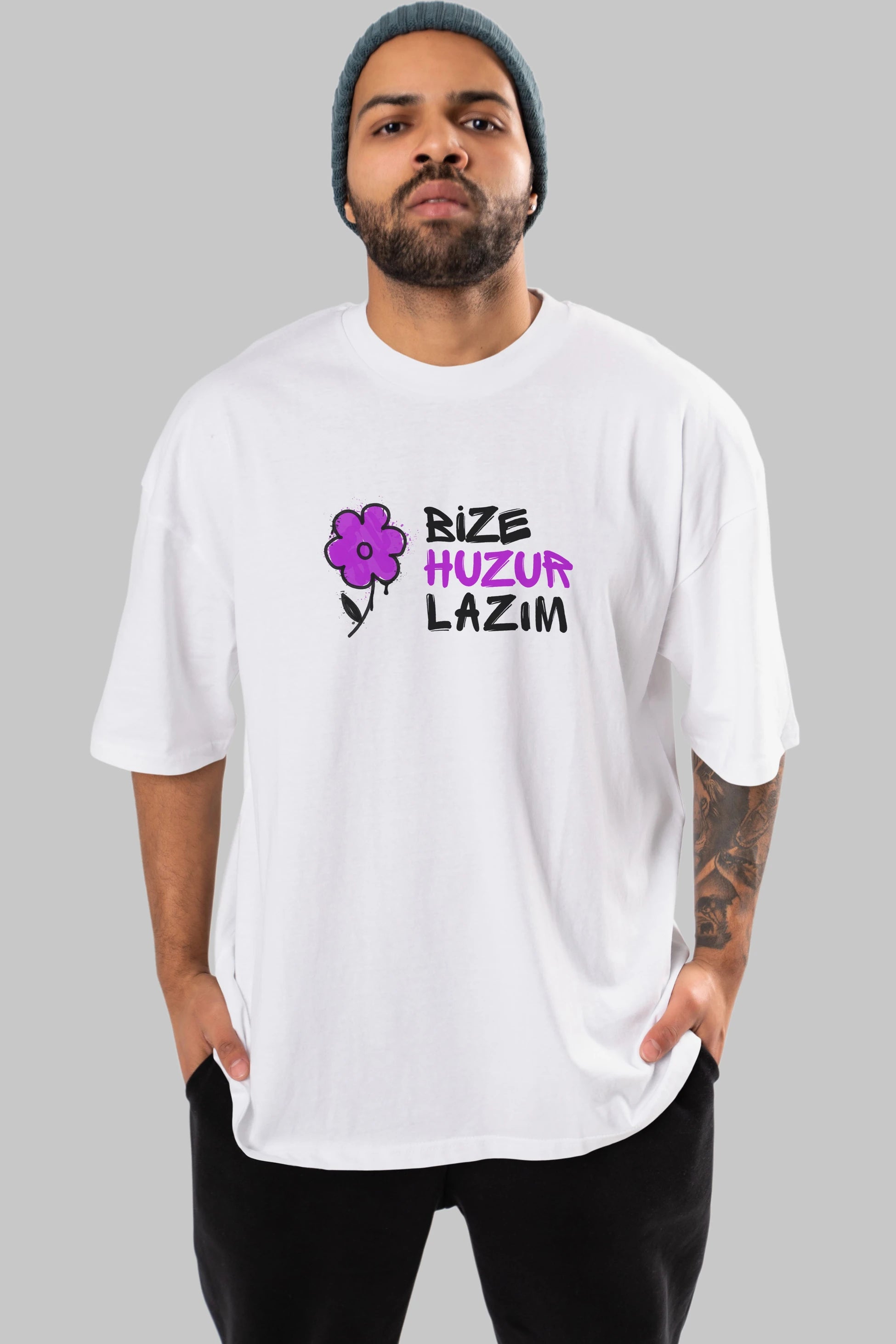 Bize Huzur Lazım Ön Baskılı Oversize t-shirt Erkek Kadın Unisex