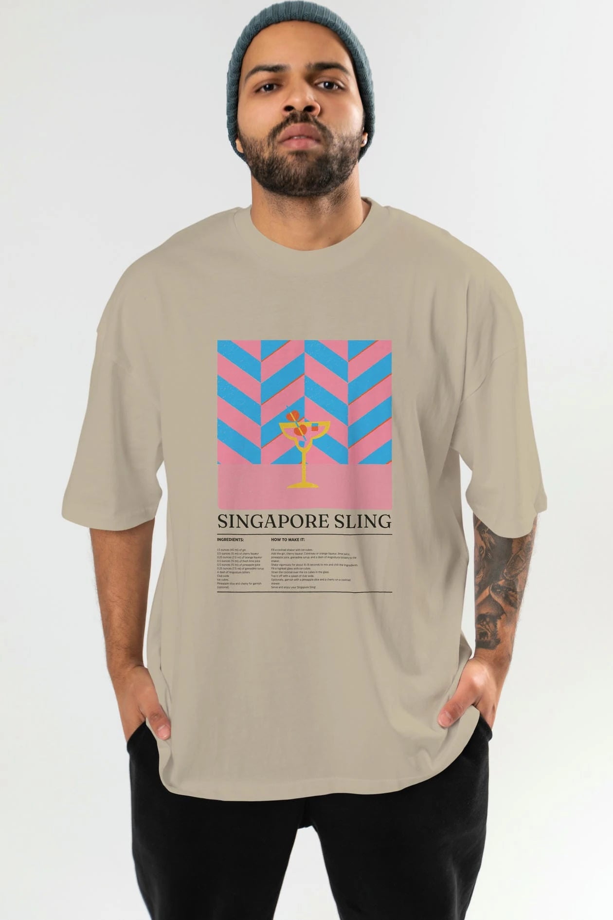 Sıngapore Sling Kokteyl Ön Baskılı Oversize t-shirt Erkek Kadın %100 Pamuk Bisiklet Yaka tişort