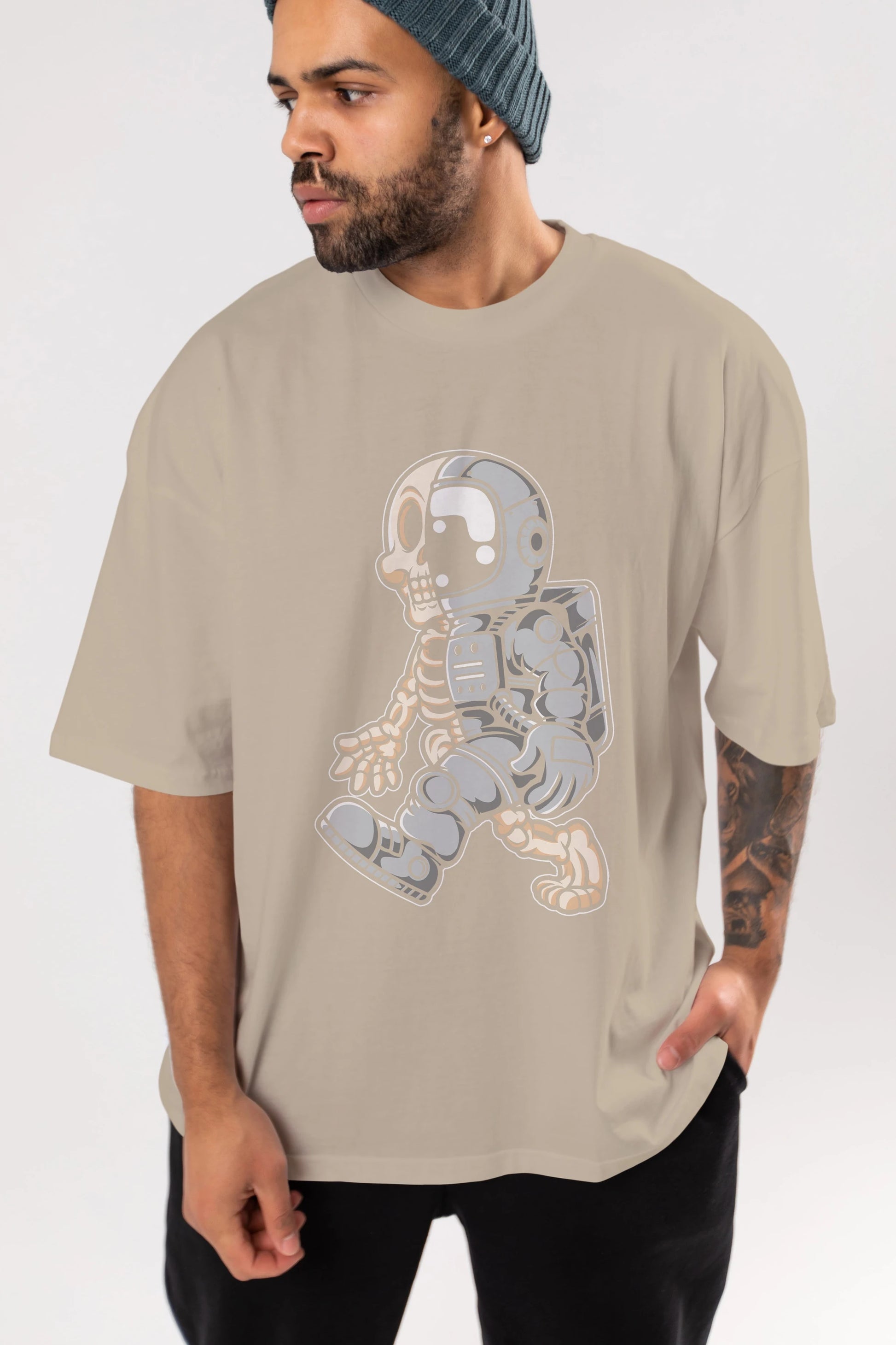 Astronaut Half Skull Ön Baskılı Oversize t-shirt Erkek Kadın Unisex