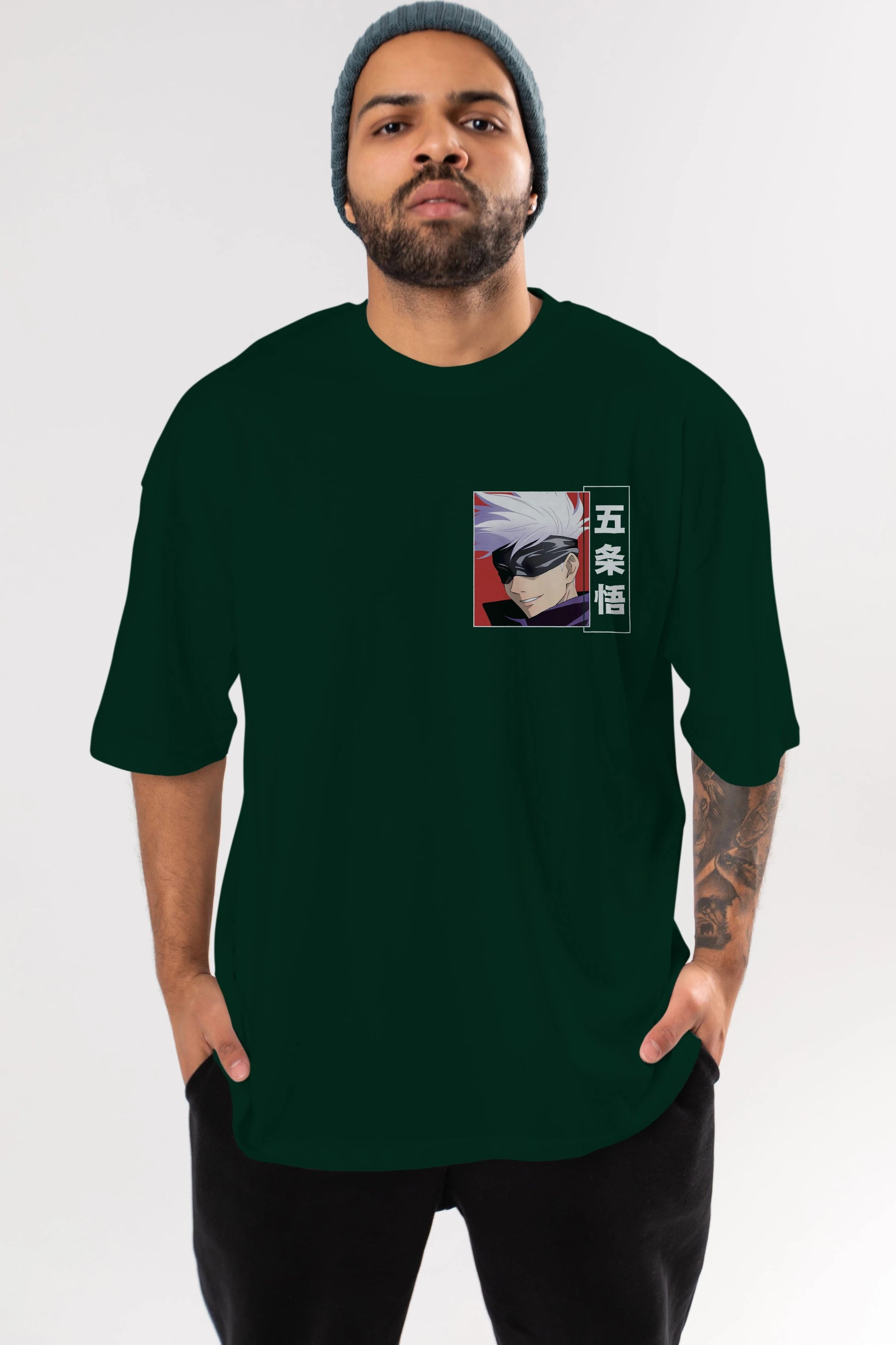 SATORU GOJO Ön Sol Baskılı Oversize t-shirt Erkek Kadın Unisex %100 Pamuk Bisiklet Yaka tişort