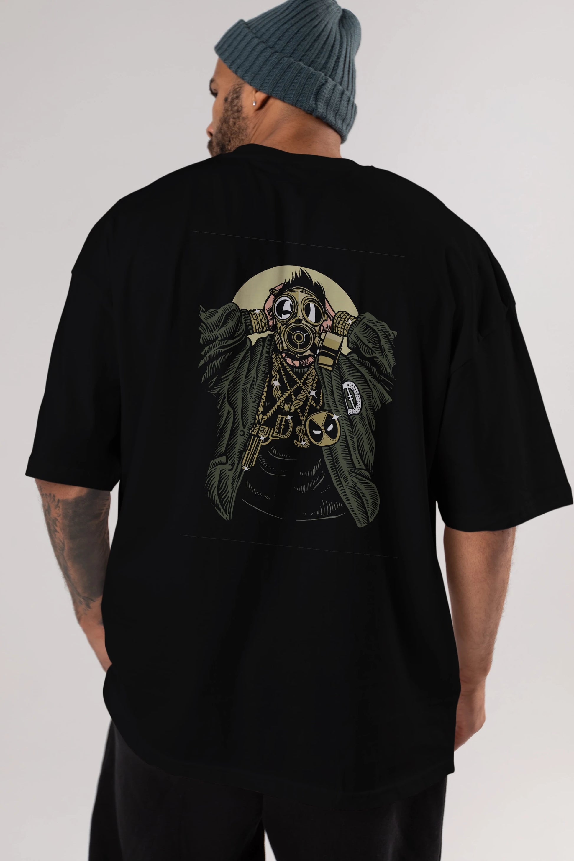 Gasmask Gangsta Arka Baskılı Oversize t-shirt Erkek Kadın Unisex %100 Pamuk