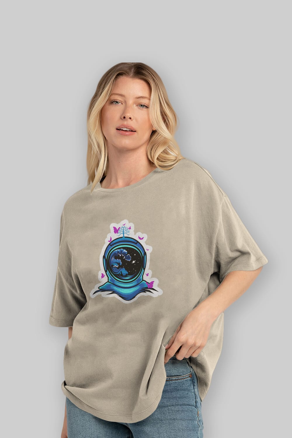 Astronaut and Butterfly Sticker Ön Baskılı Oversize t-shirt Erkek Kadın Unisex