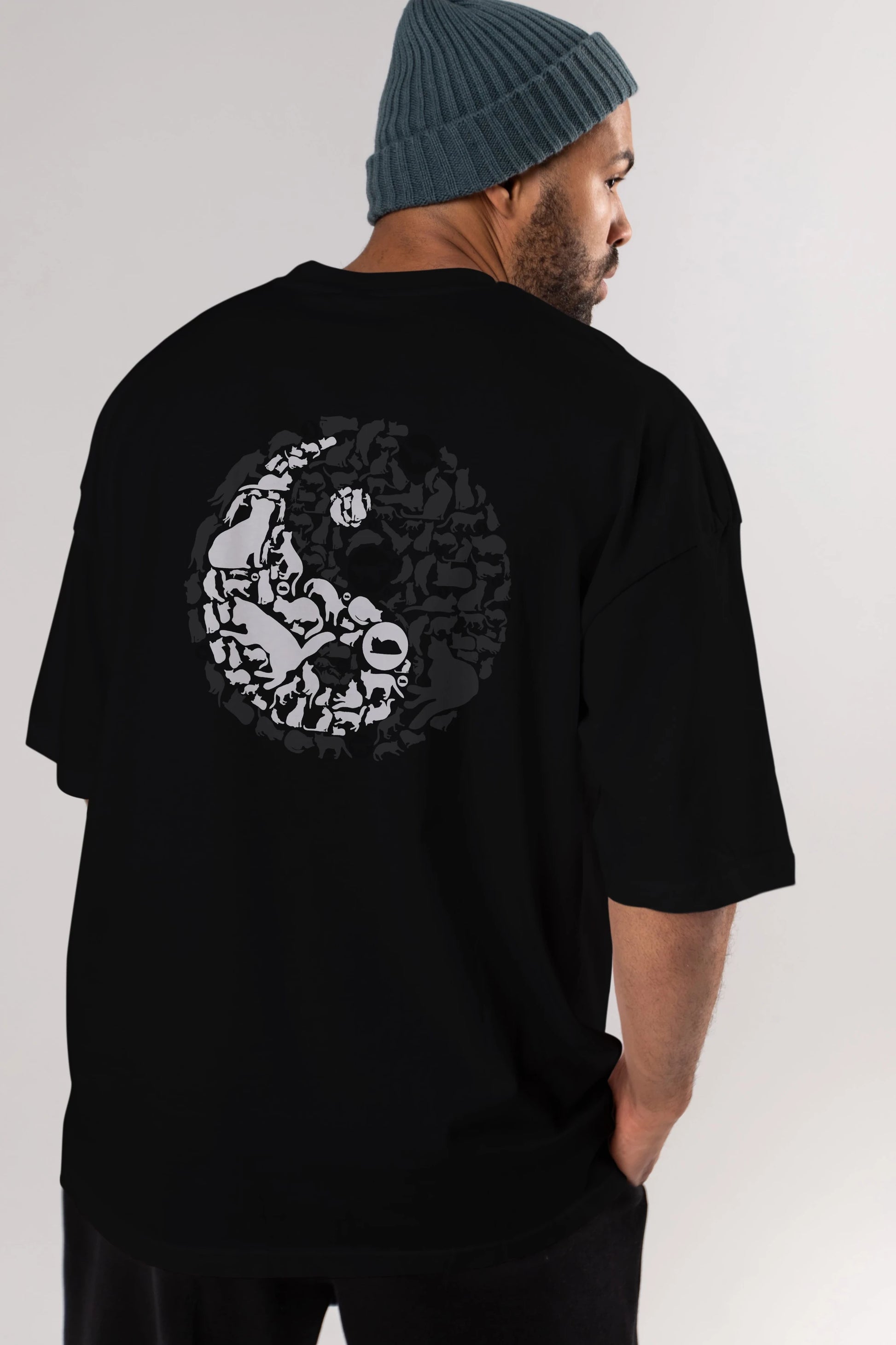 YinYang Cats Arka Baskılı Oversize t-shirt %100 pamuk Erkek Kadın Unisex