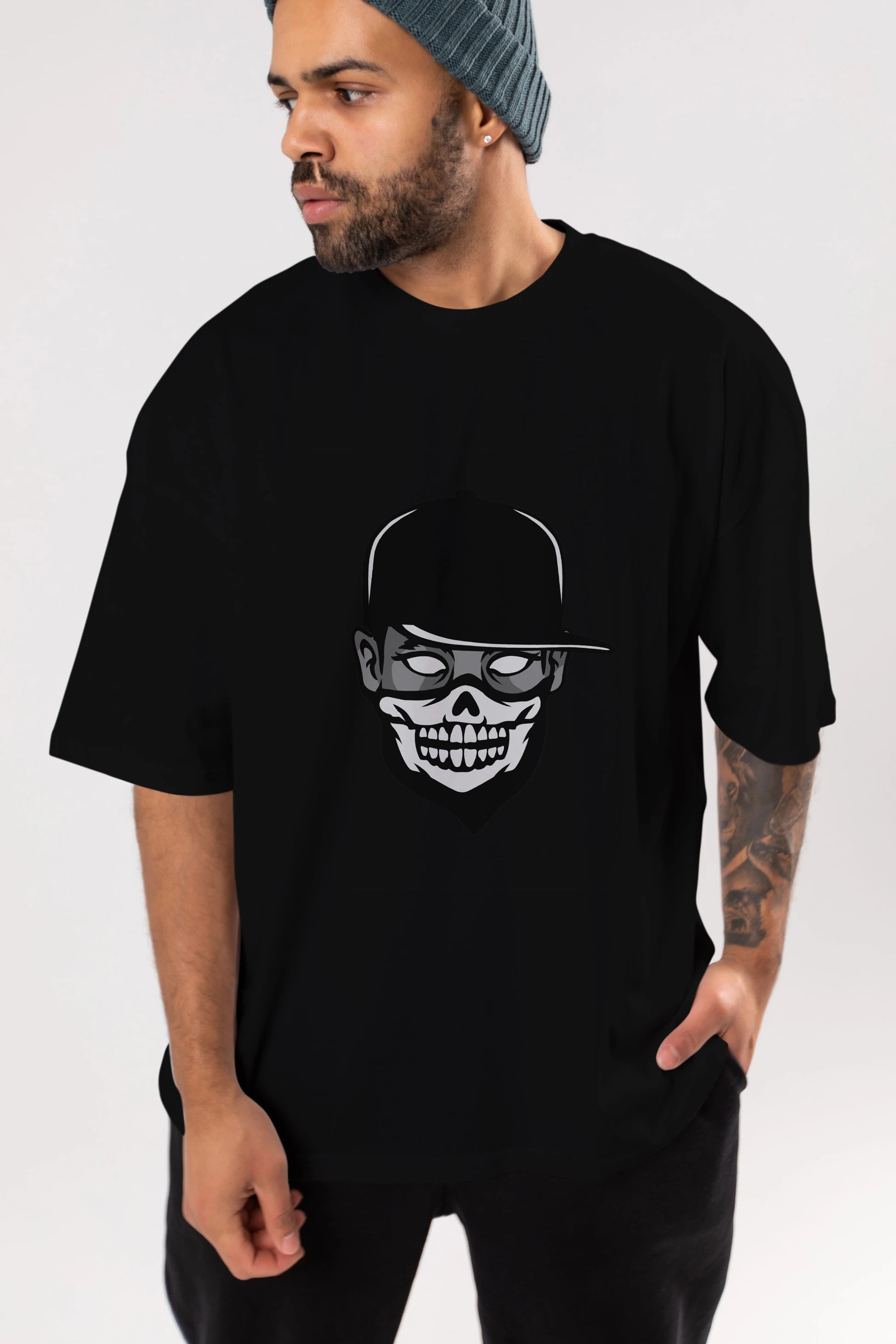 Skull Mask Ön Baskılı Oversize t-shirt Erkek Kadın Unisex %100 Pamuk tişort
