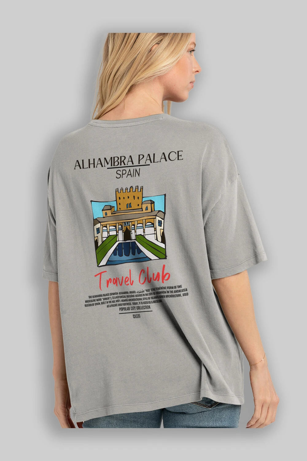 Alhambra Palace Spain Arka Baskılı Oversize t-shirt Erkek Kadın Pamuk Bisiklet Yaka tişort