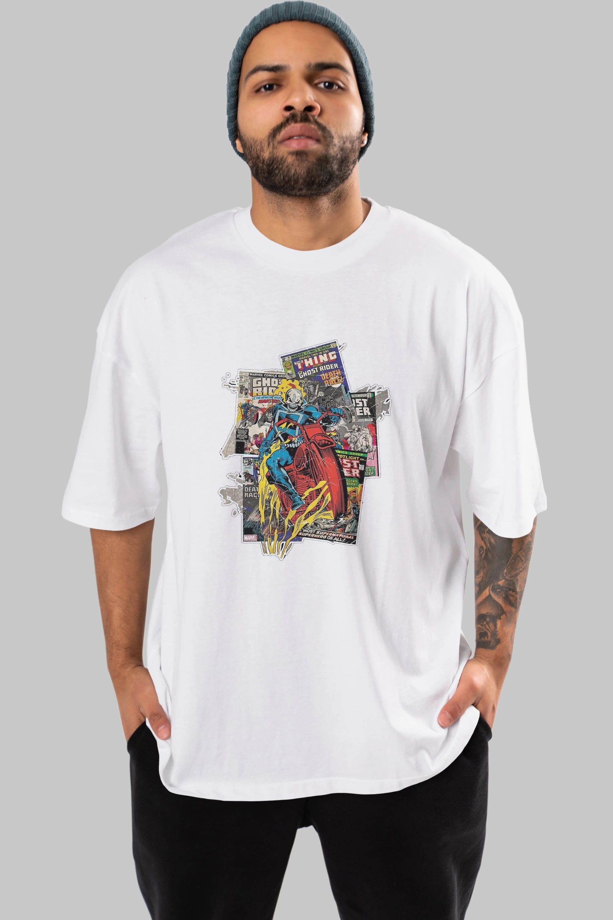 Ghost Rider Ön Baskılı Oversize t-shirt Erkek Kadın Unisex %100 Pamuk Bisiklet Yaka tişort