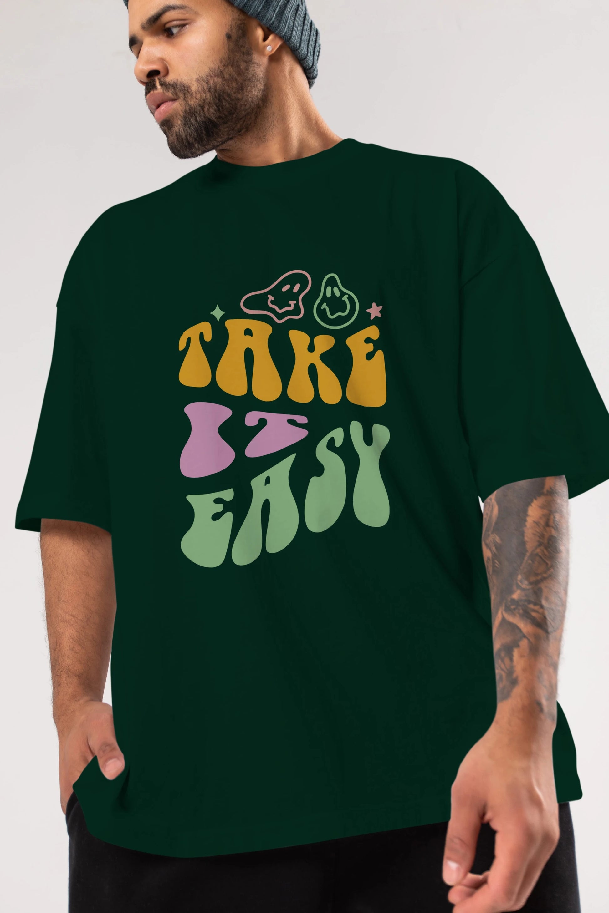 Take it Easy Yazılı Ön Baskılı Oversize t-shirt Erkek Kadın Unisex