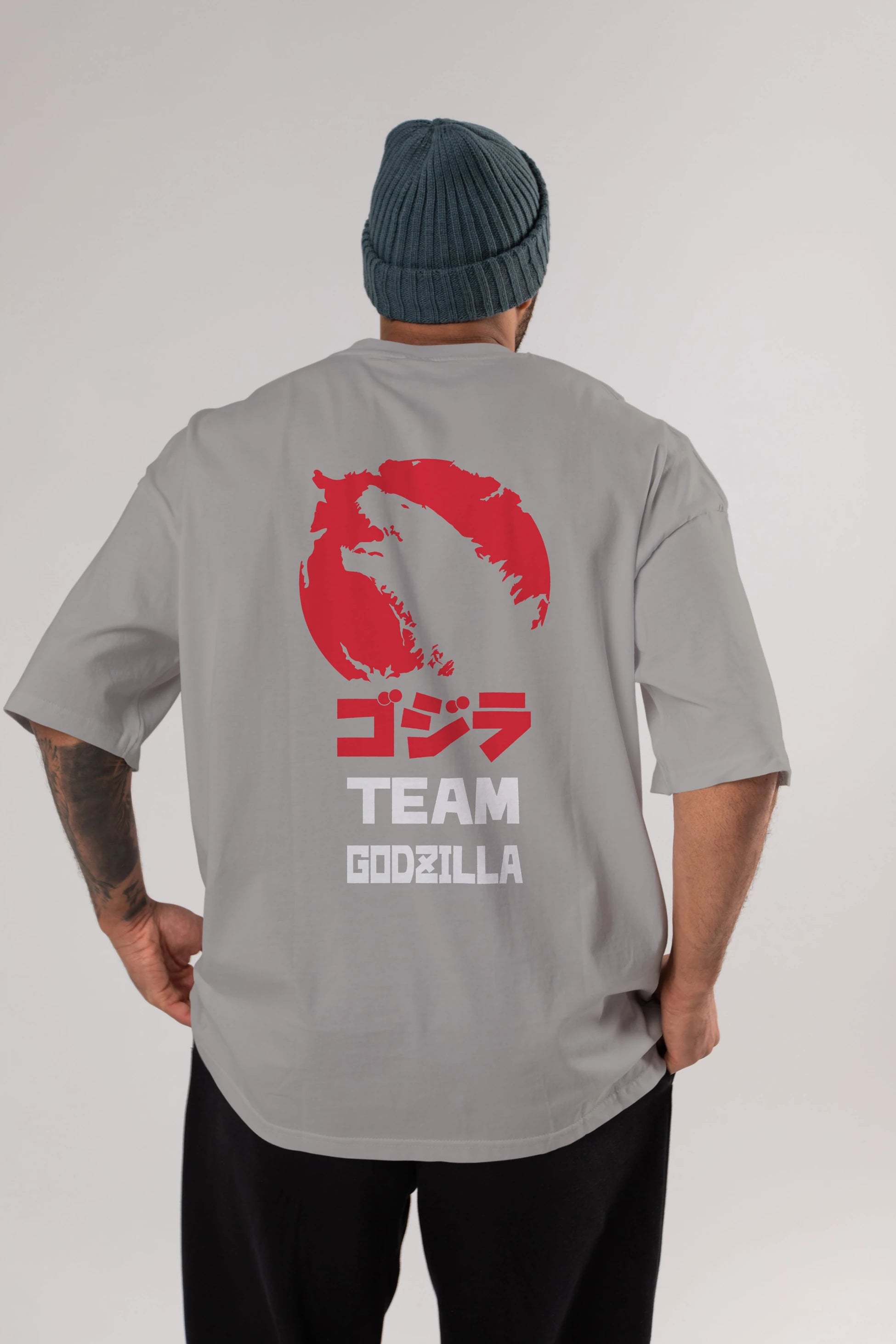 Team Godzilla Arka Baskılı Oversize t-shirt Erkek Kadın Unisex %100 Pamuk Bisiklet Yaka tişort
