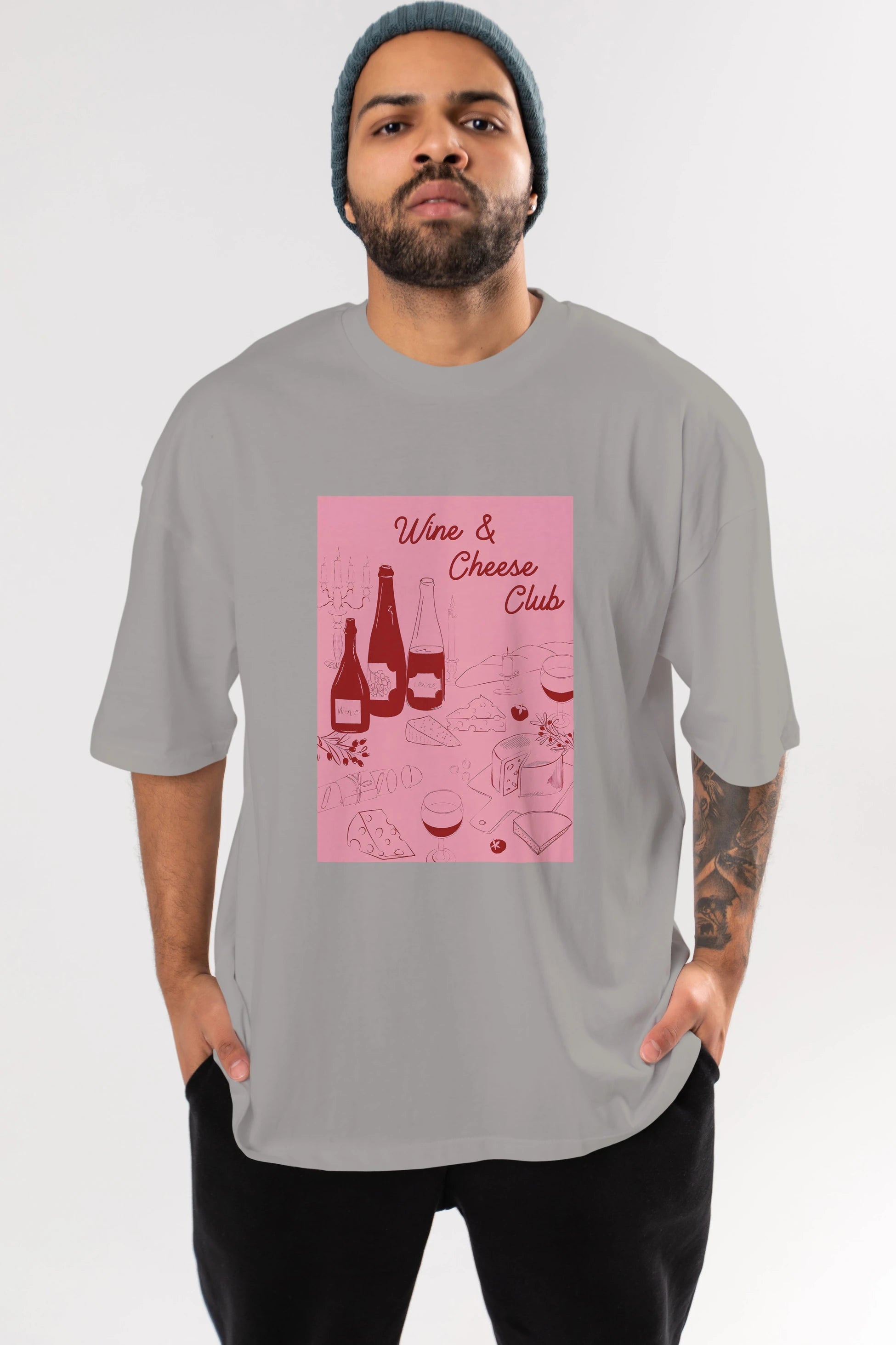 Wine Cheese Club Ön Baskılı Oversize t-shirt Erkek Kadın Unisex %100 Pamuk Bisiklet Yaka tişort
