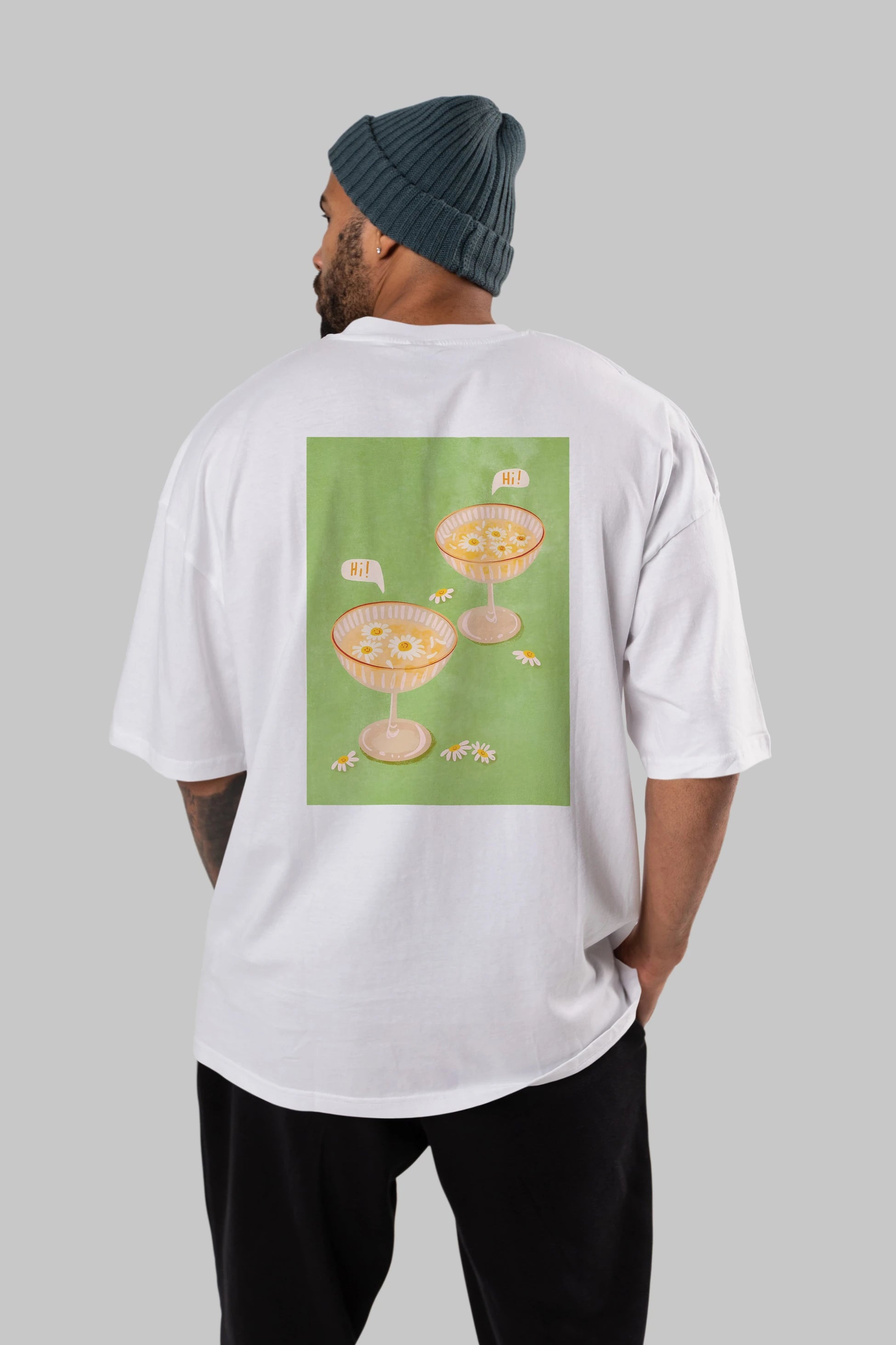 Hi Cheers Arka Baskılı Oversize t-shirt Erkek Kadın Unisex %100 Pamuk Bisiklet Yaka tişort