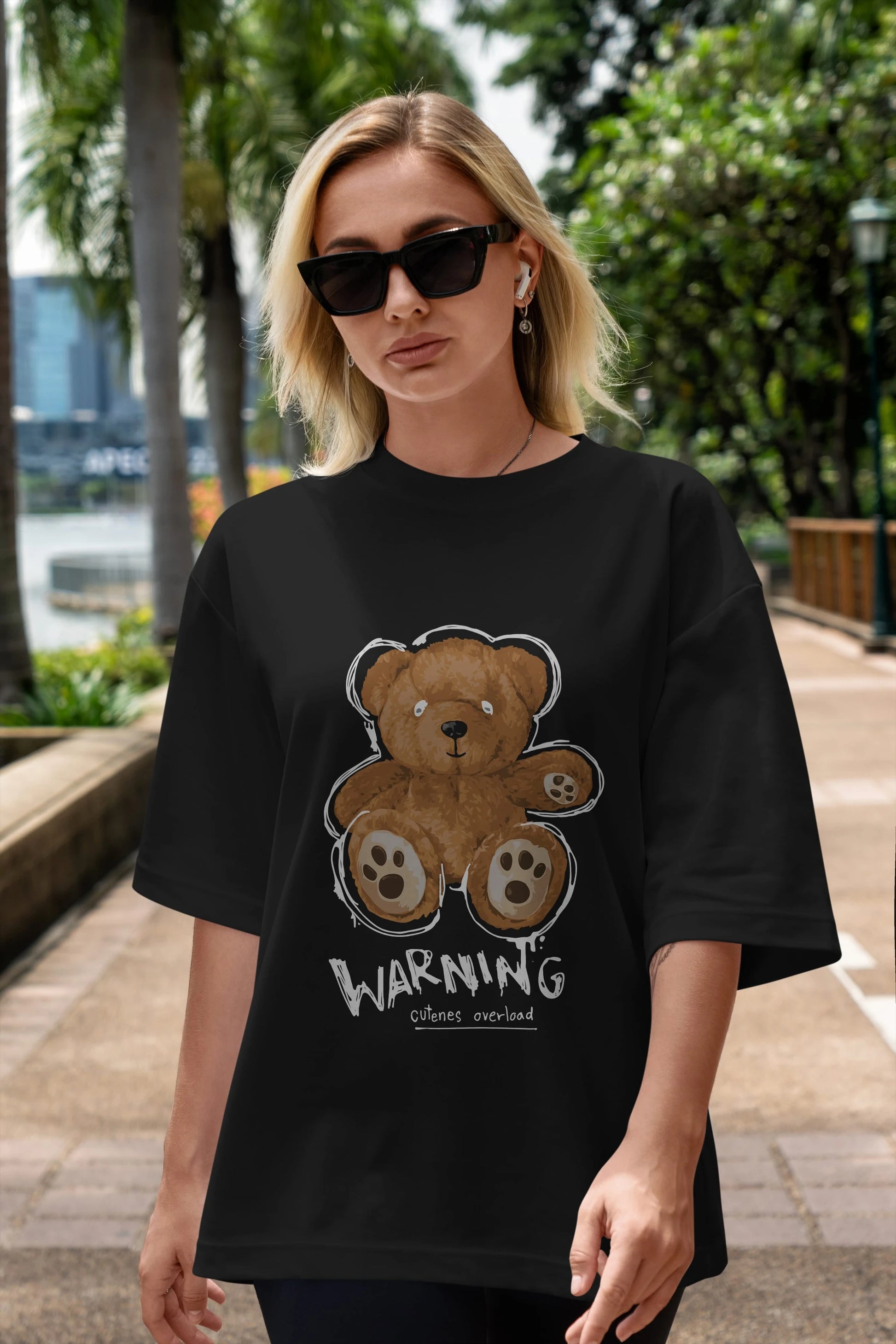 Warning Cuteness Bear Ön Baskılı Oversize t-shirt Erkek Kadın Unisex