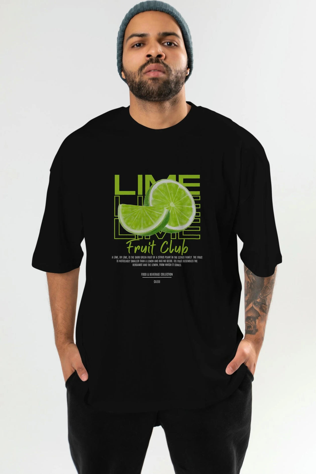Lime Ön Baskılı Oversize t-shirt Erkek Kadın Pamuk Bisiklet Yaka tişort