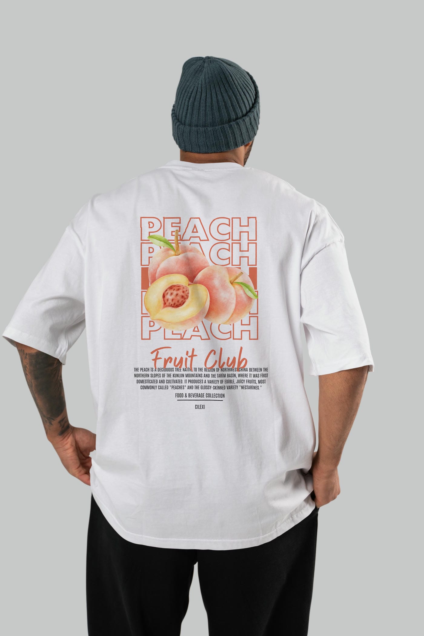 Peach Arka Baskılı Oversize t-shirt Erkek Kadın Pamuk Bisiklet Yaka tişort