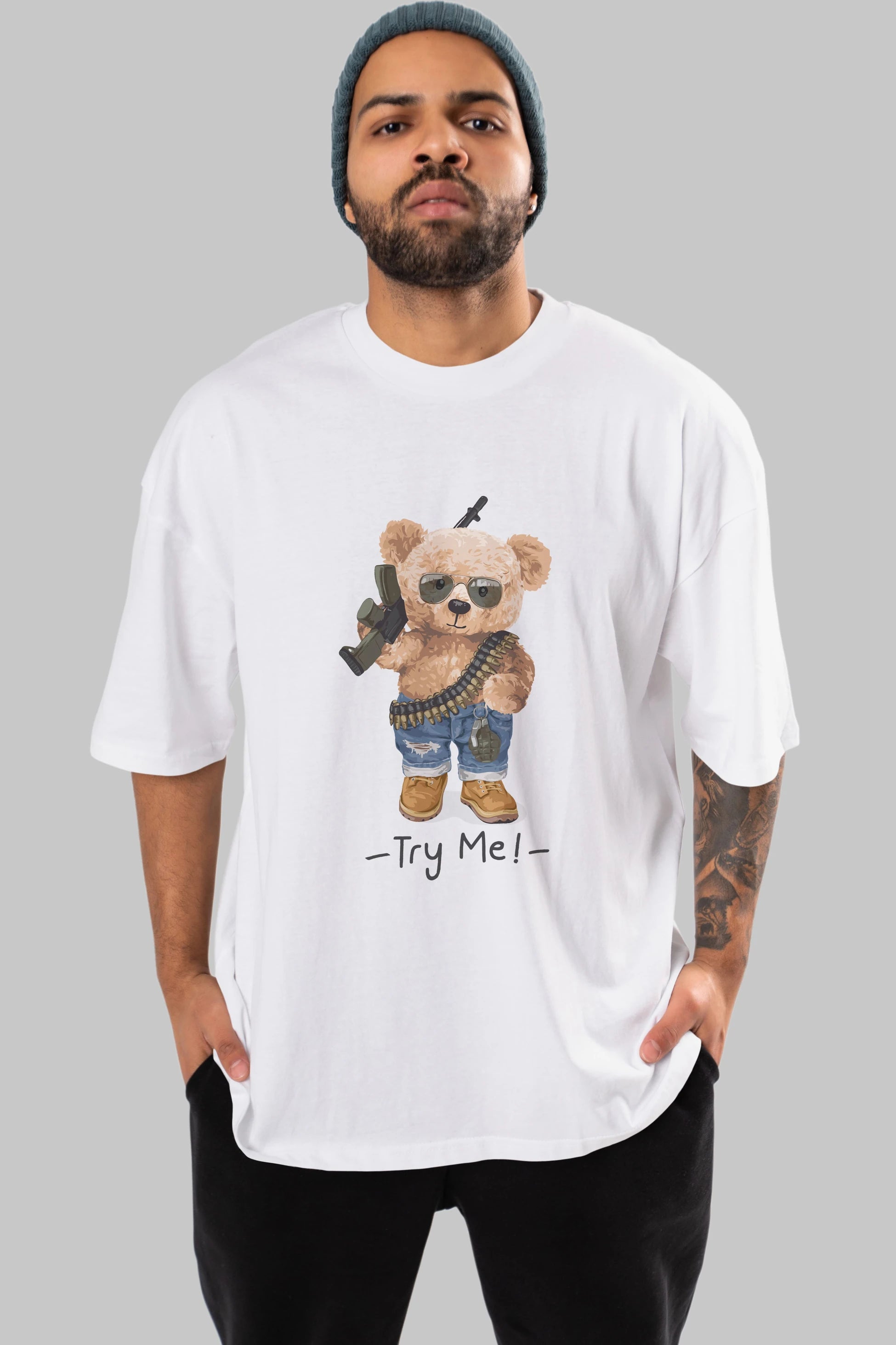 Teddy Bear Try Me Ön Baskılı Oversize t-shirt Erkek Kadın Unisex %100 Pamuk