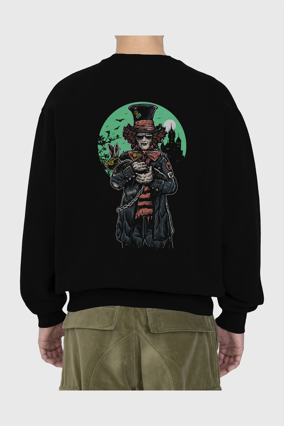 Mad Hatter Arka Baskılı Oversize Sweatshirt Erkek Kadın Unisex