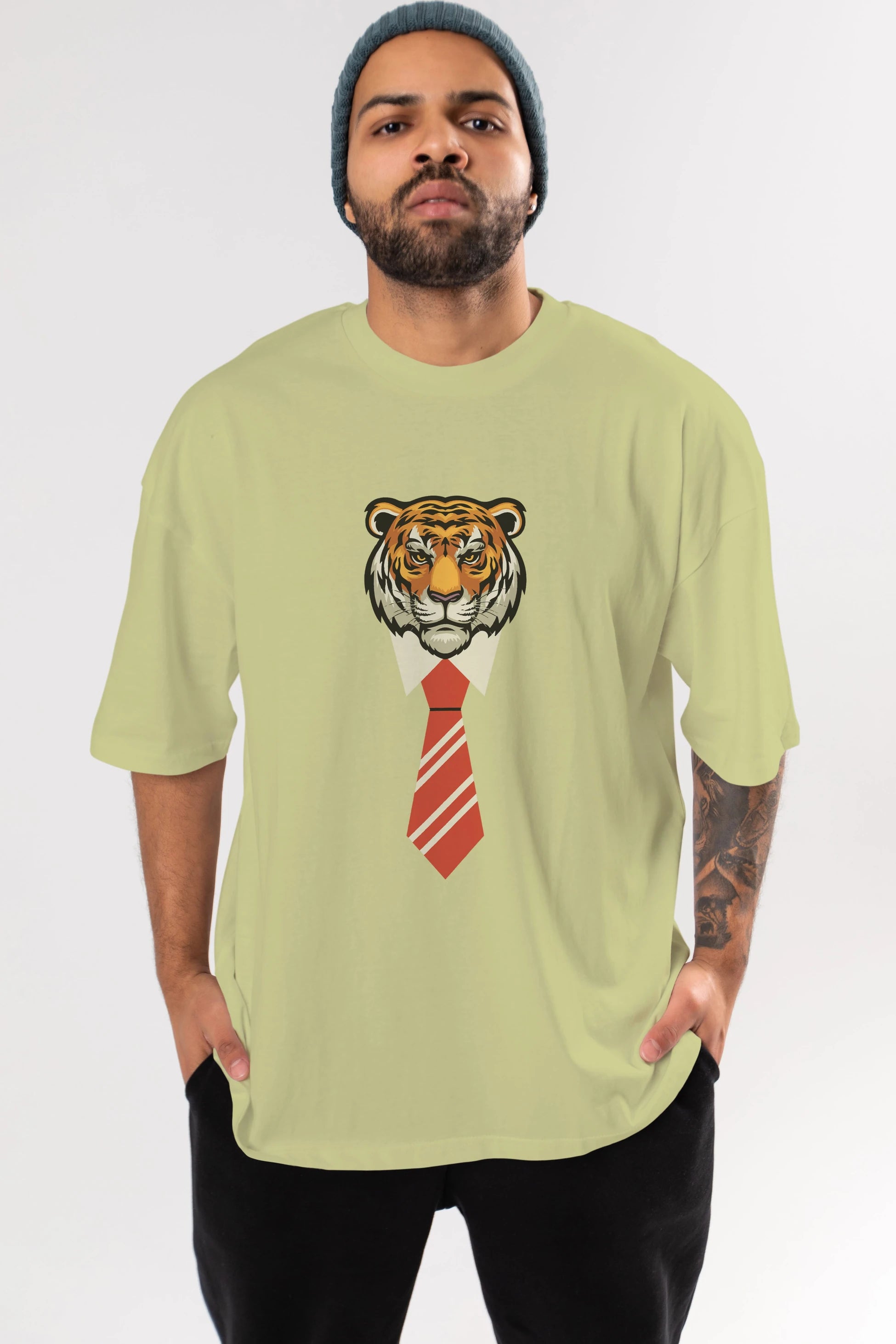 Tiger With Tie Ön Baskılı Oversize t-shirt Erkek Kadın Unisex