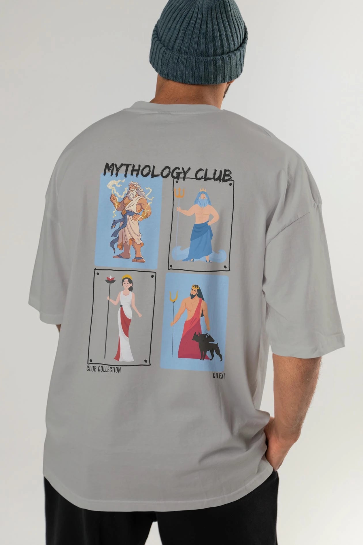 Mythology Club 2 Arka Baskılı Oversize t-shirt Erkek Kadın %100 Pamuk Bisiklet Yaka tişort