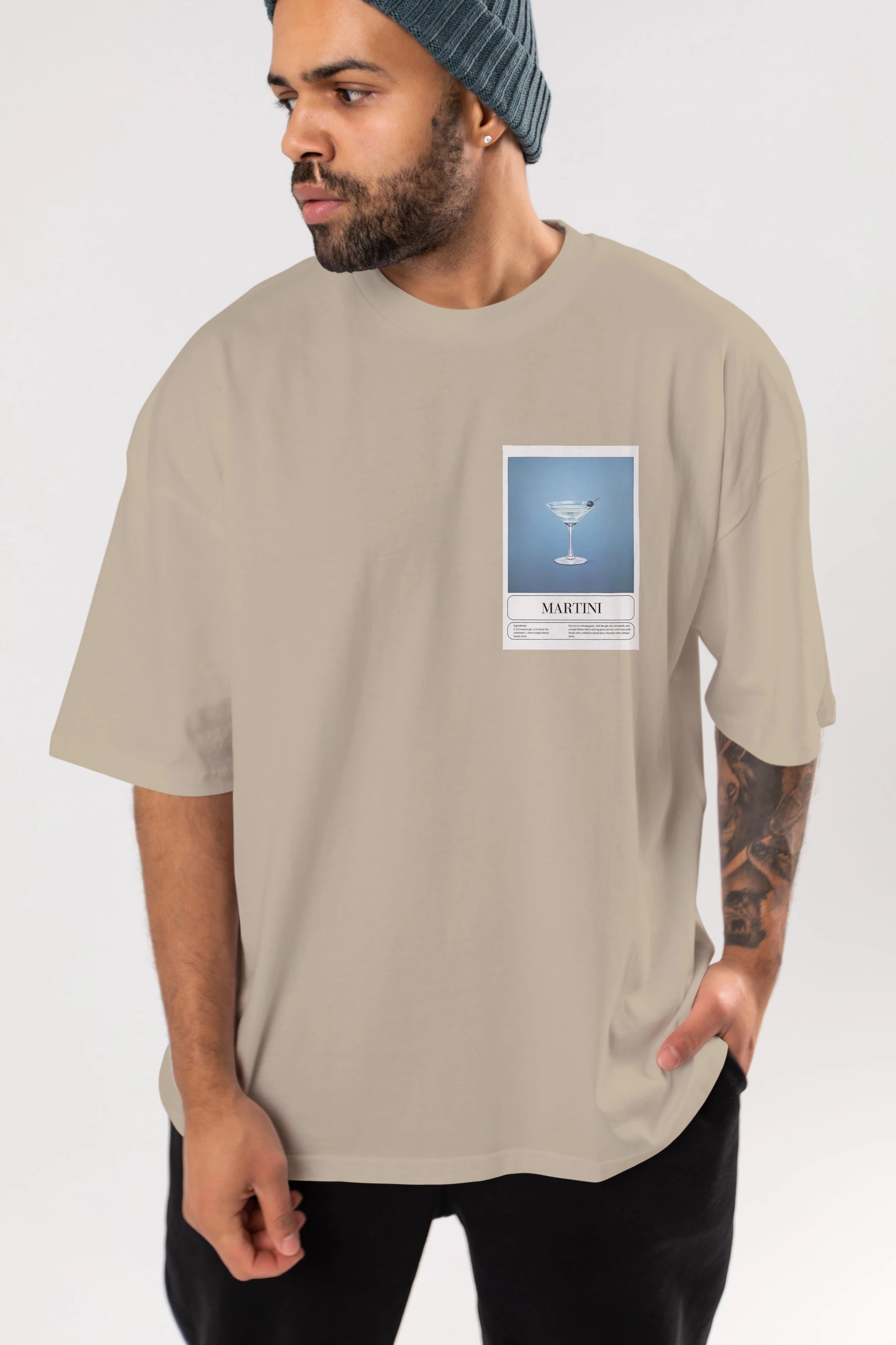 Martini Ön Sol Baskılı Oversize t-shirt Erkek Kadın Unisex %100 Pamuk Bisiklet Yaka tişort