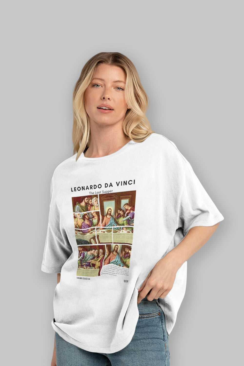 Leonardo Da Vinci ön Baskılı Oversize t-shirt Erkek Kadın Bisiklet Yaka Pamuk tişort