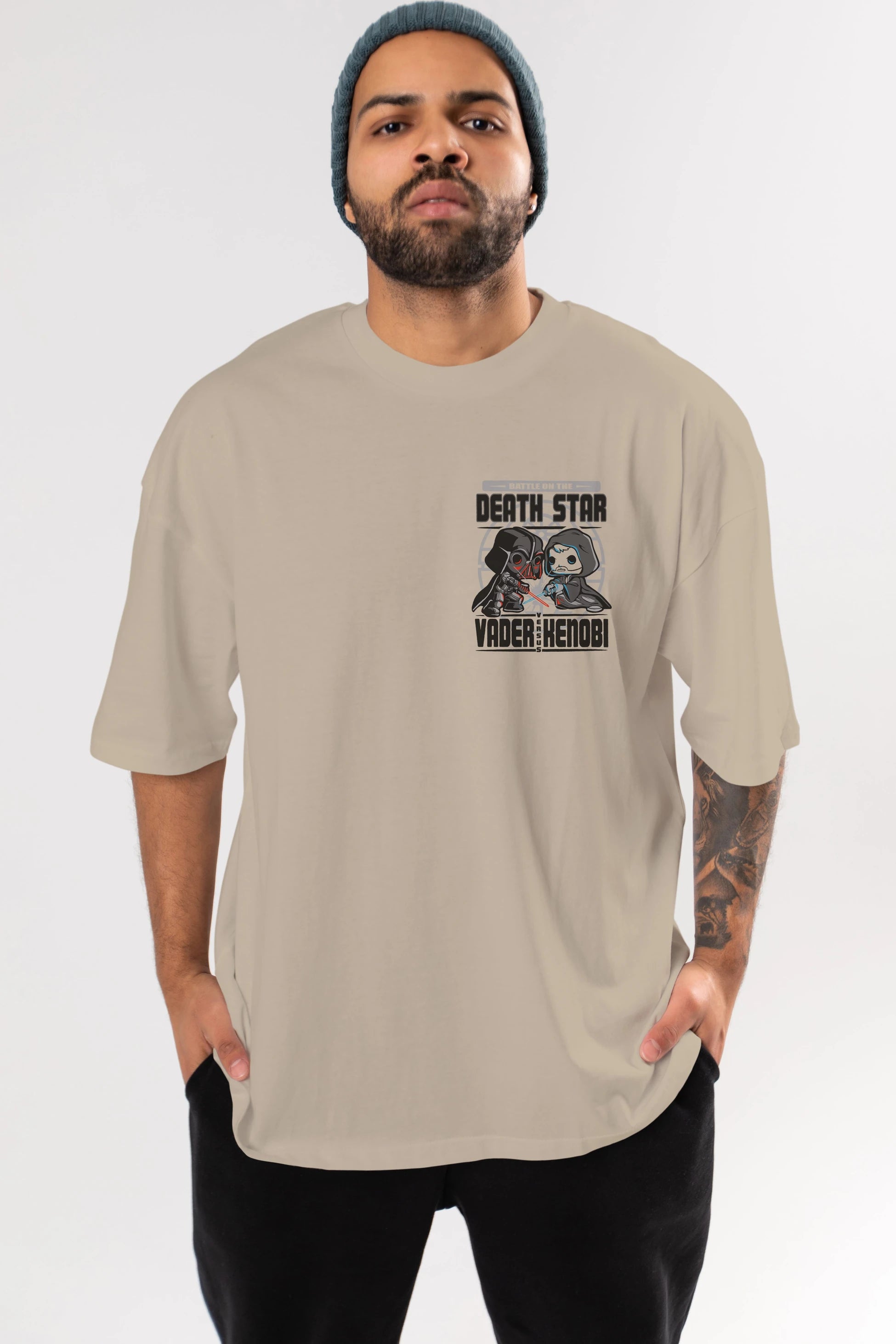 Vader Kenobi Ön Sol Baskılı Oversize t-shirt Erkek Kadın Unisex %100 Pamuk Bisiklet Yaka tişort