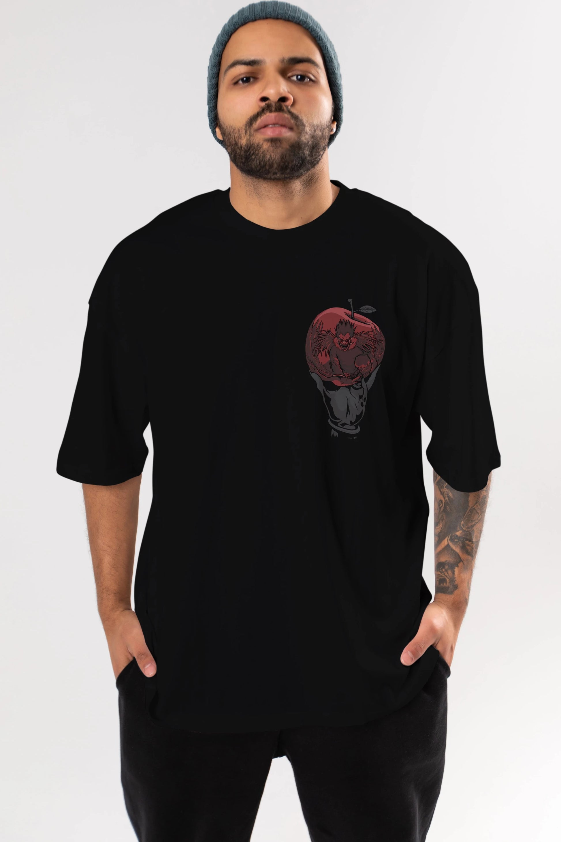 DEATH NOTE -RYUK Ön Sol Baskılı Oversize t-shirt Erkek Kadın Unisex %100 Pamuk Bisiklet Yaka tişort