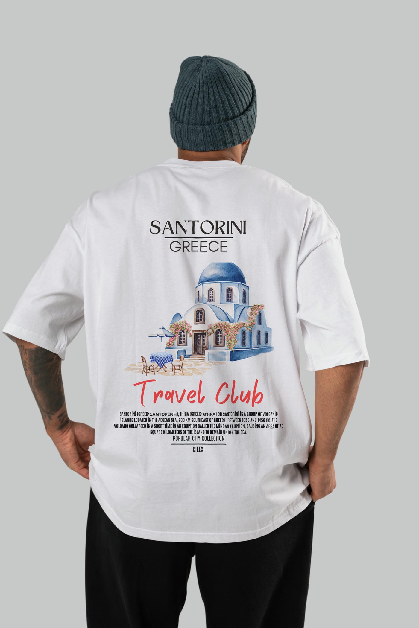 Santorini Greece Arka Baskılı Oversize t-shirt Erkek Kadın Pamuk Bisiklet Yaka tişort