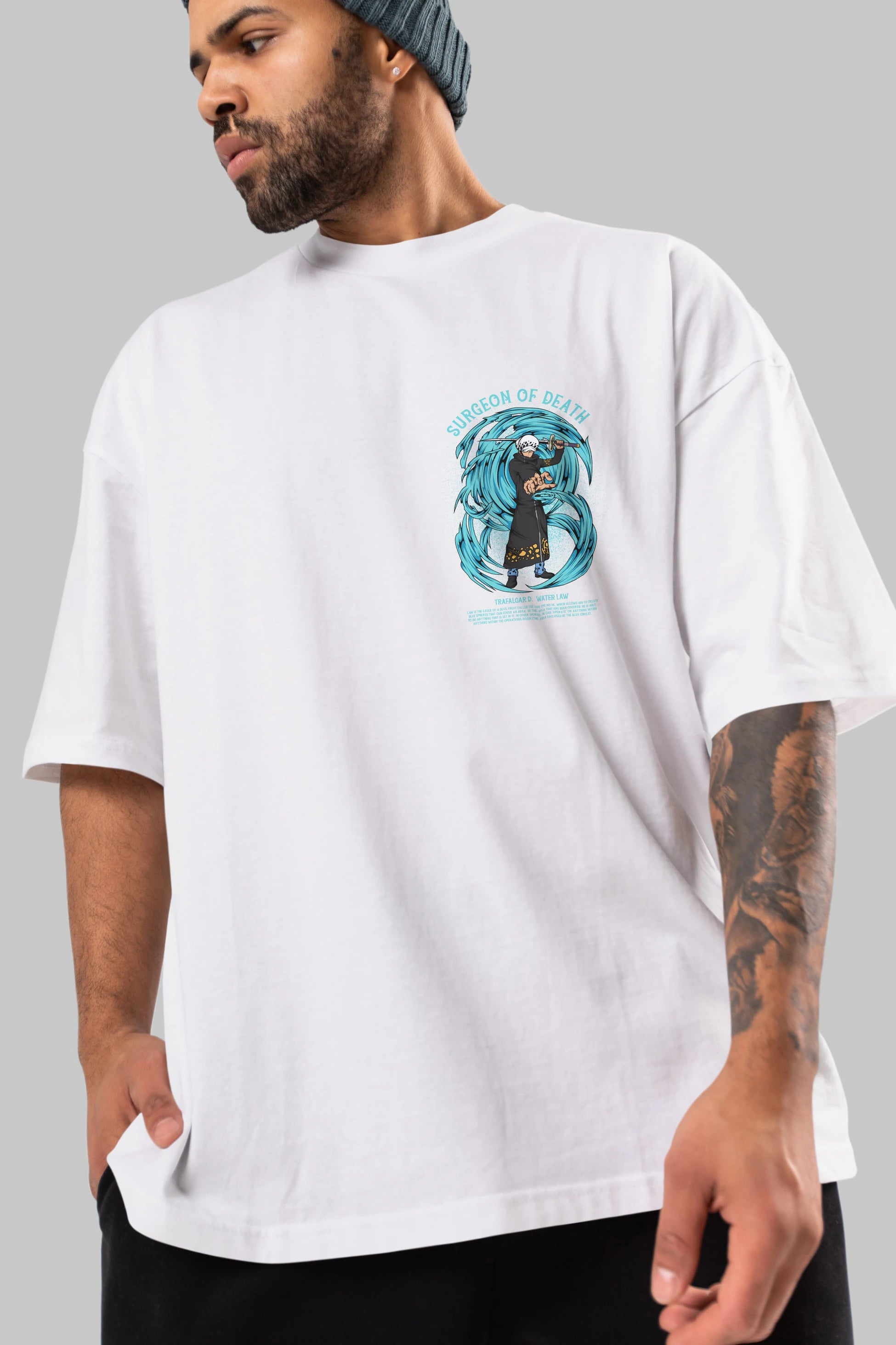 Trafalgad D. Water Law Ön Sol Baskılı Oversize t-shirt Erkek Kadın Unisex %100 Pamuk Bisiklet Yaka tişort