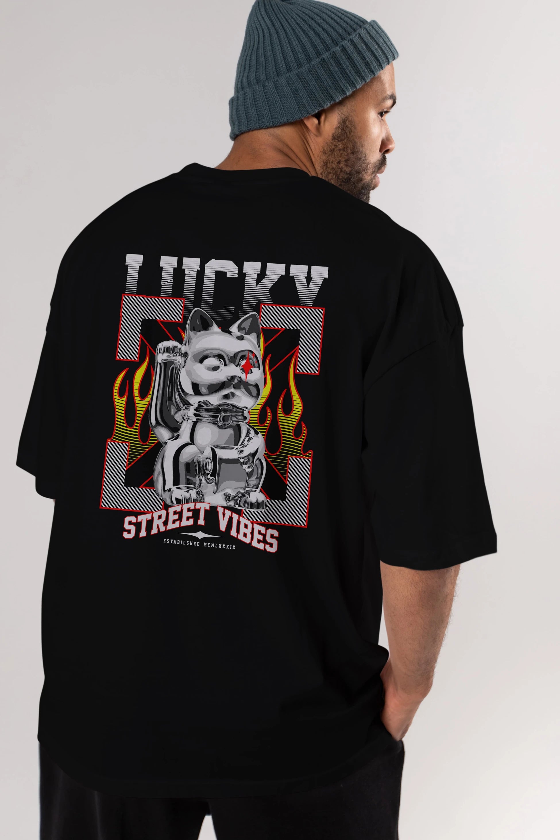 Lucky Street Vibes Arka Baskılı Oversize t-shirt Erkek Kadın Unisex