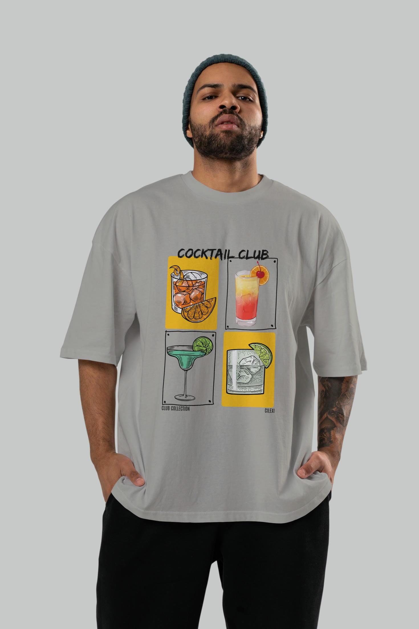 Cocktail Club ön Baskılı Oversize t-shirt Erkek Kadın %100 Pamuk Bisiklet Yaka tişort
