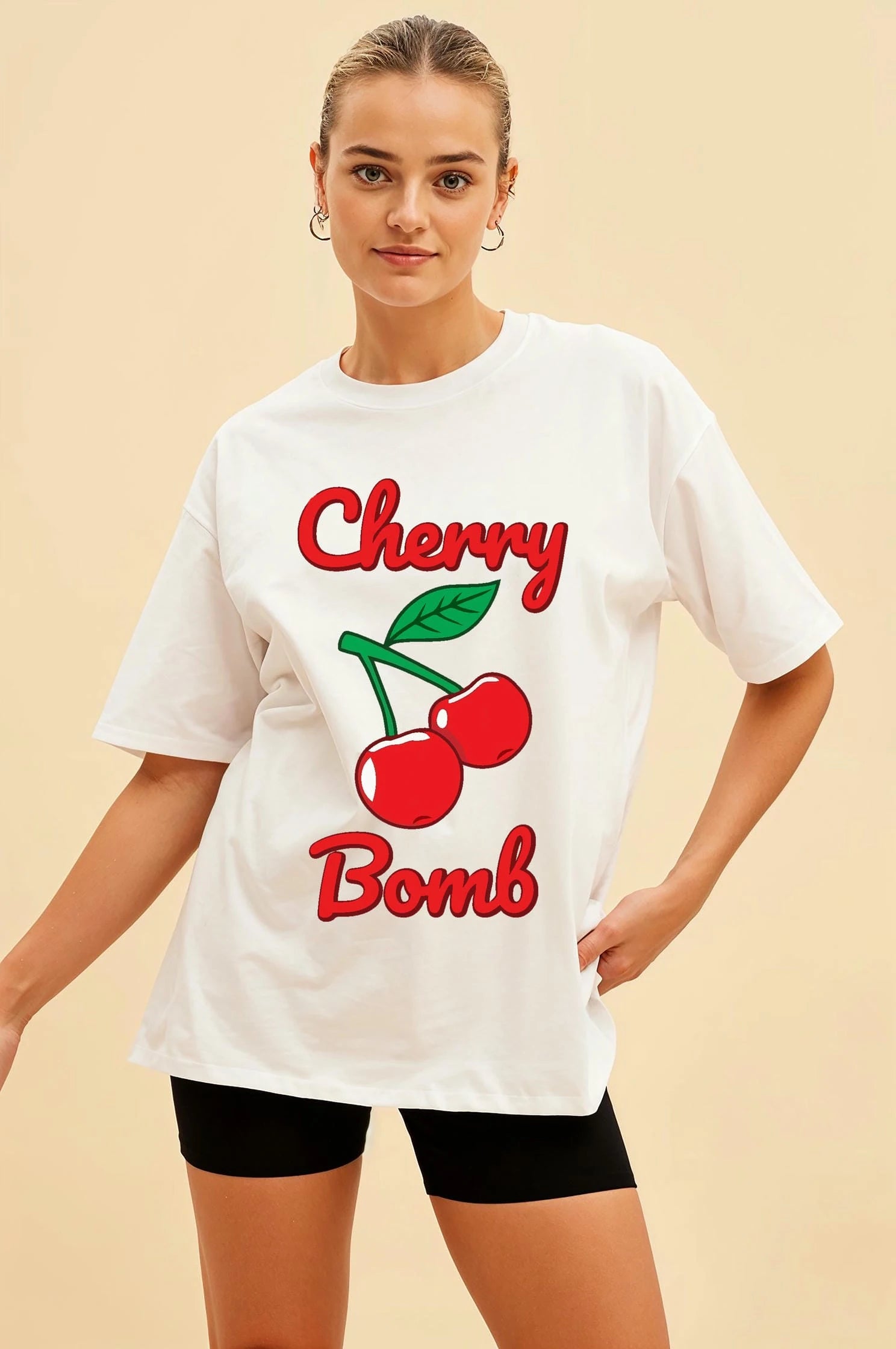 Cherry Bomb Cherries 1 Ön Baskılı Oversize t-shirt Erkek Kadın Pamuk Bisiklet Yaka tişort