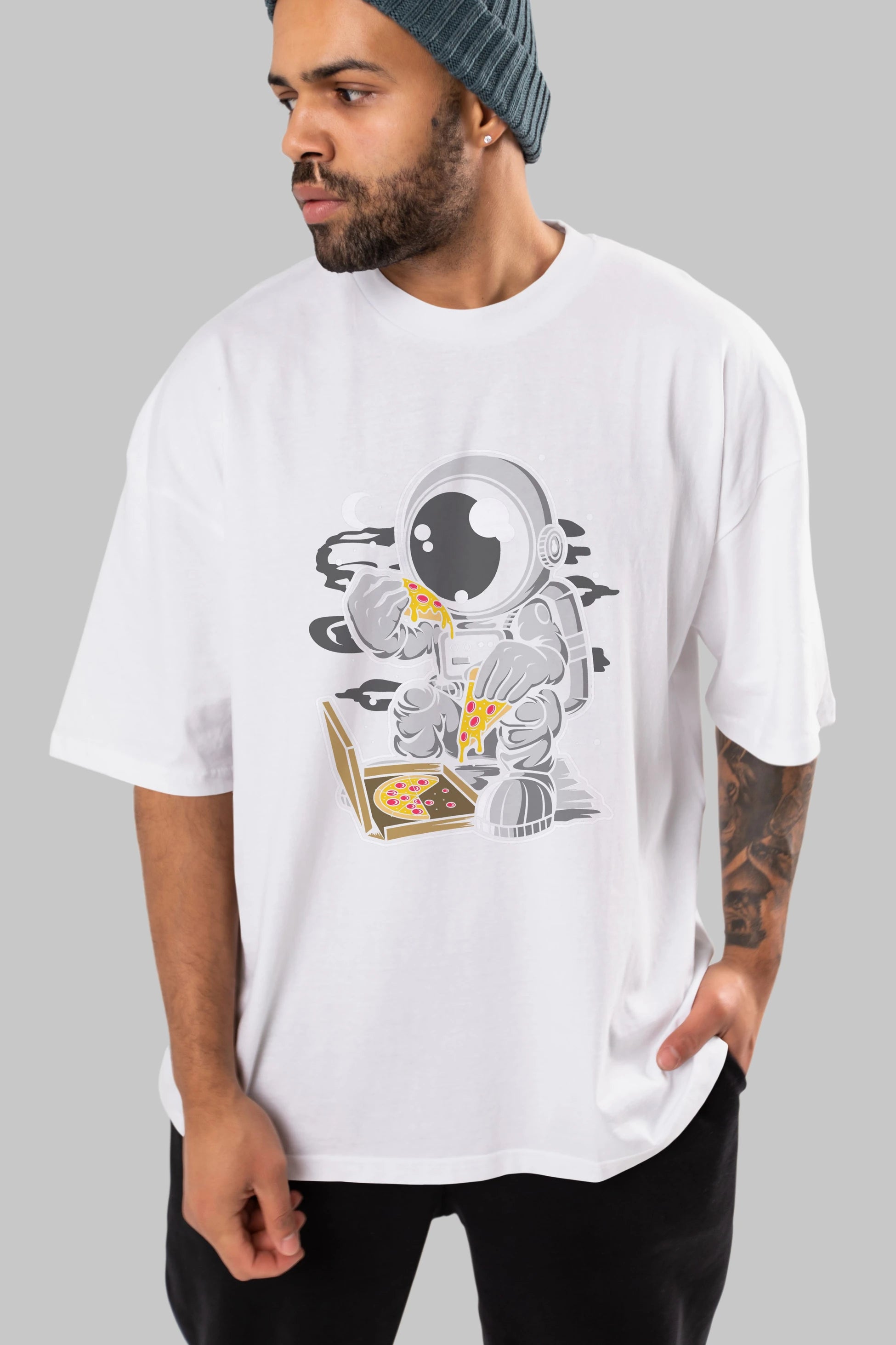 Astronaut Pizza Ön Baskılı Oversize t-shirt Erkek Kadın Unisex