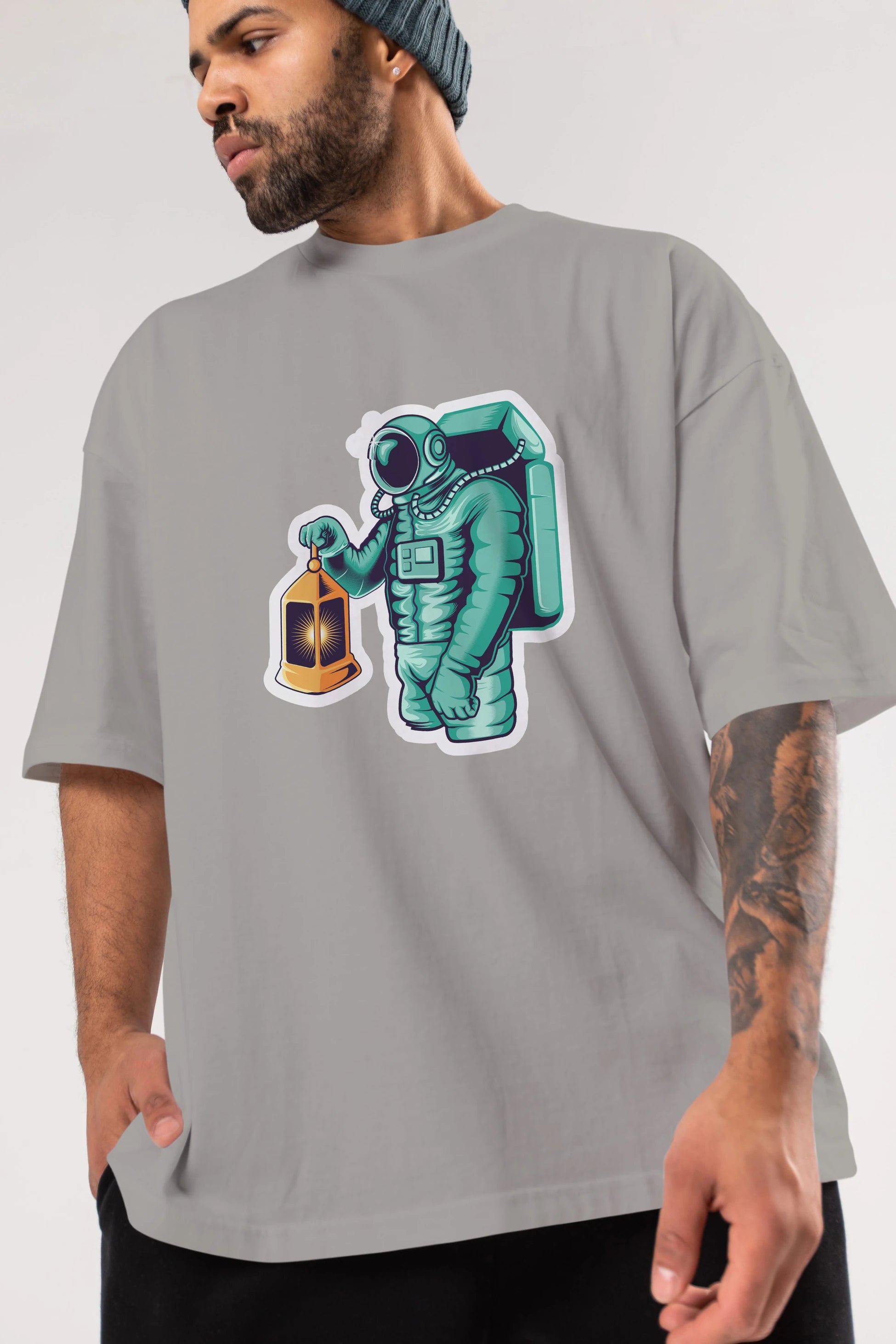 Astronaut Lantern Sticker Ön Baskılı Oversize t-shirt Erkek Kadın Unisex