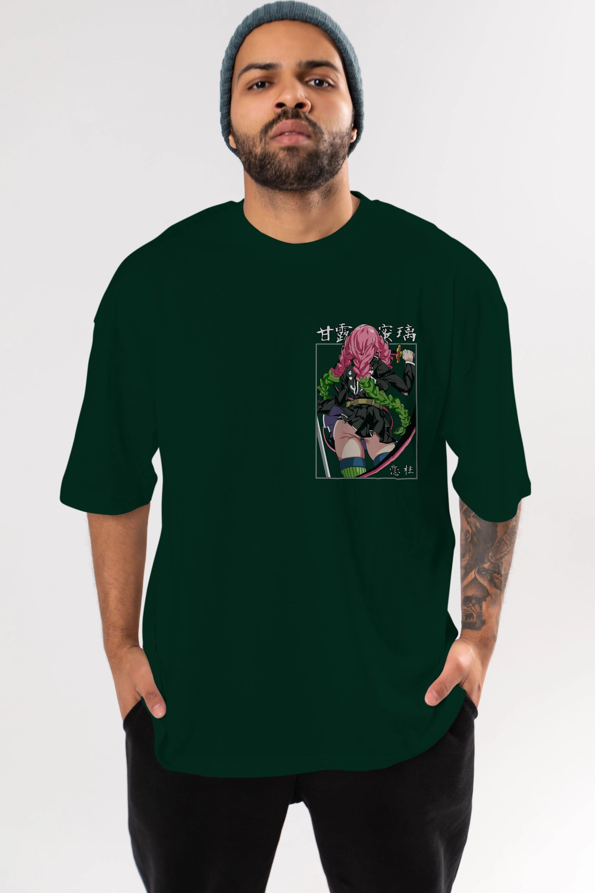 Mitsuri DEMONSLAYER Ön Sol Baskılı Oversize t-shirt Erkek Kadın Unisex %100 Pamuk Bisiklet Yaka tişort