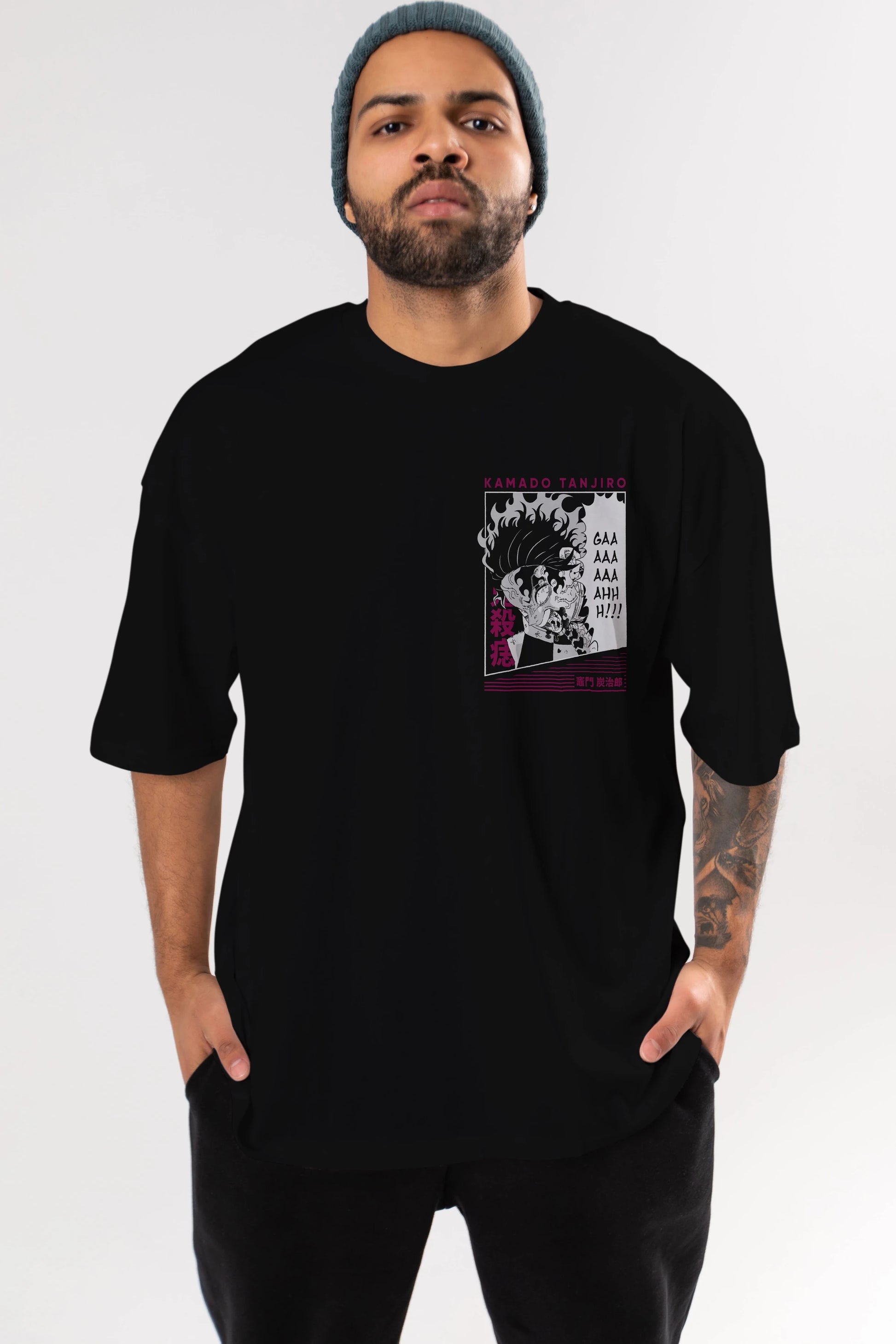 TANJIRO KAMADO 3 Ön Sol Baskılı Oversize t-shirt Erkek Kadın Unisex %100 Pamuk Bisiklet Yaka tişort