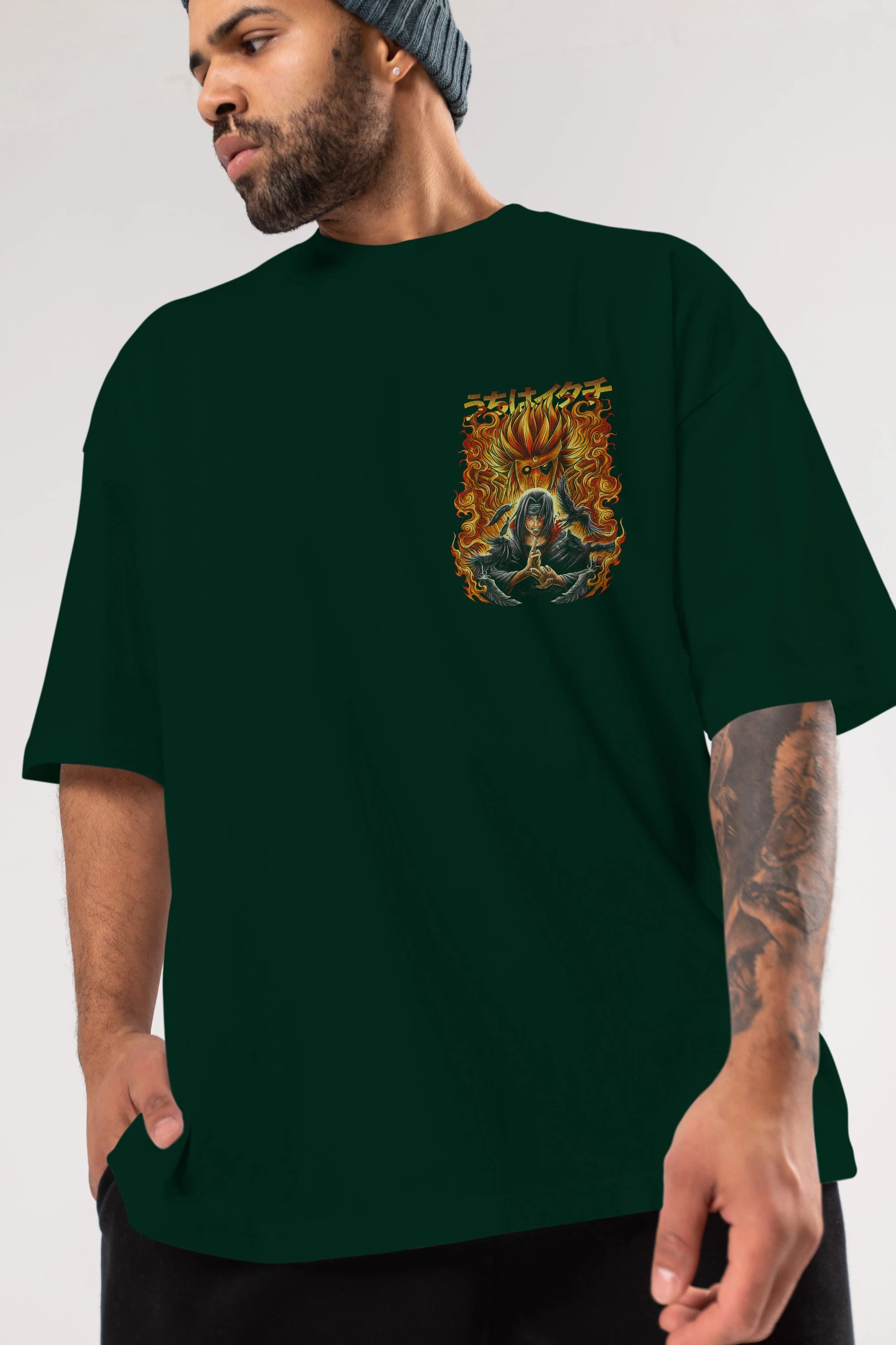 NARUTO ITACHI UCHIHA Ön Sol Baskılı Oversize t-shirt Erkek Kadın Unisex %100 Pamuk Bisiklet Yaka tişort