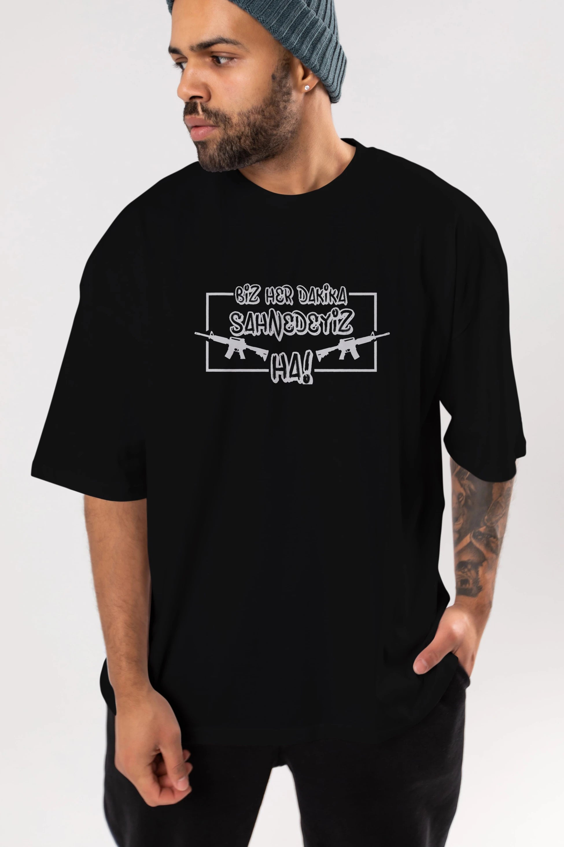 Biz Her Dakika Sahnedeyiz Ön Baskılı Oversize t-shirt %100 pamuk Erkek Kadın Unisex