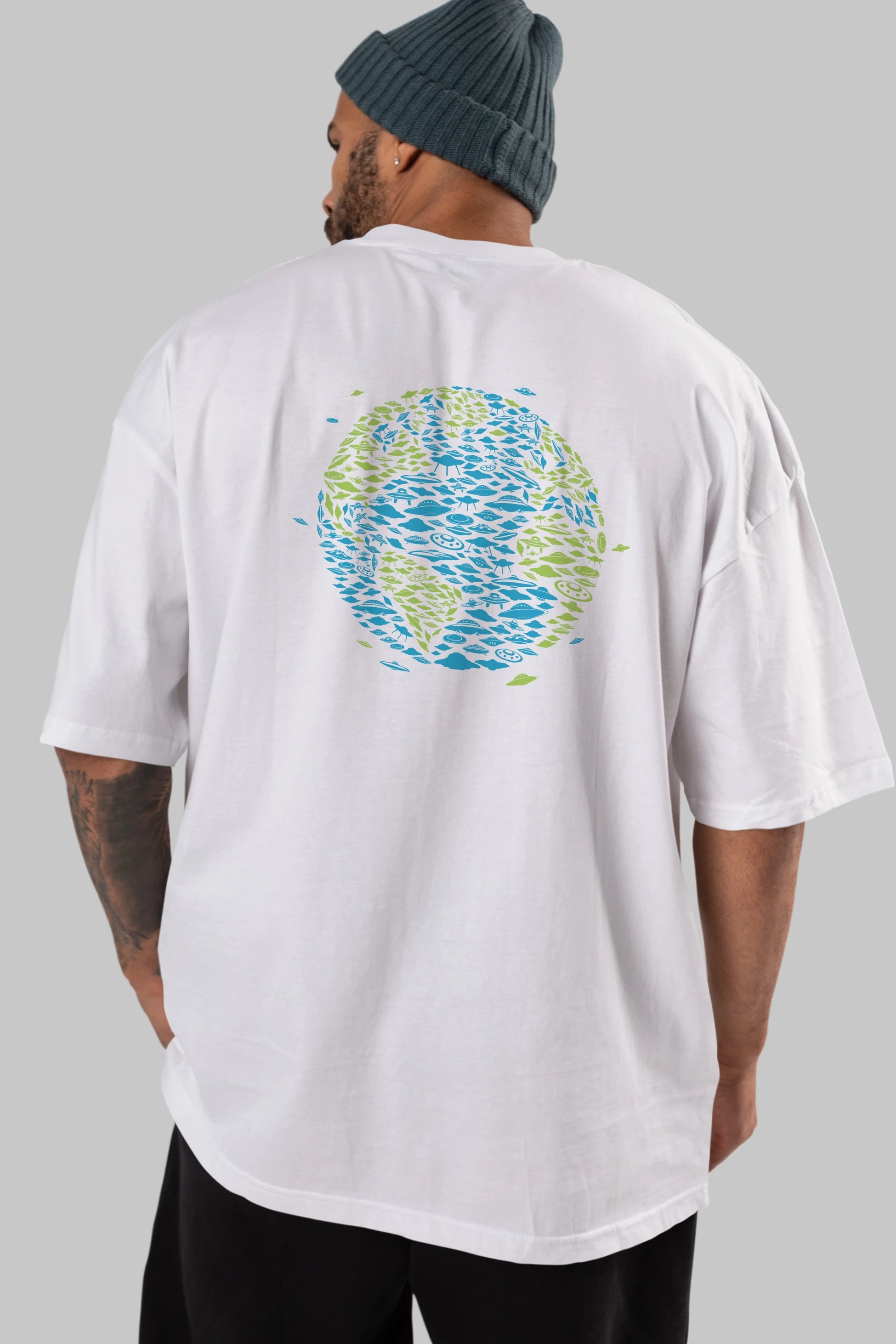 UFO Invasion Arka Baskılı Oversize t-shirt %100 pamuk Erkek Kadın Unisex