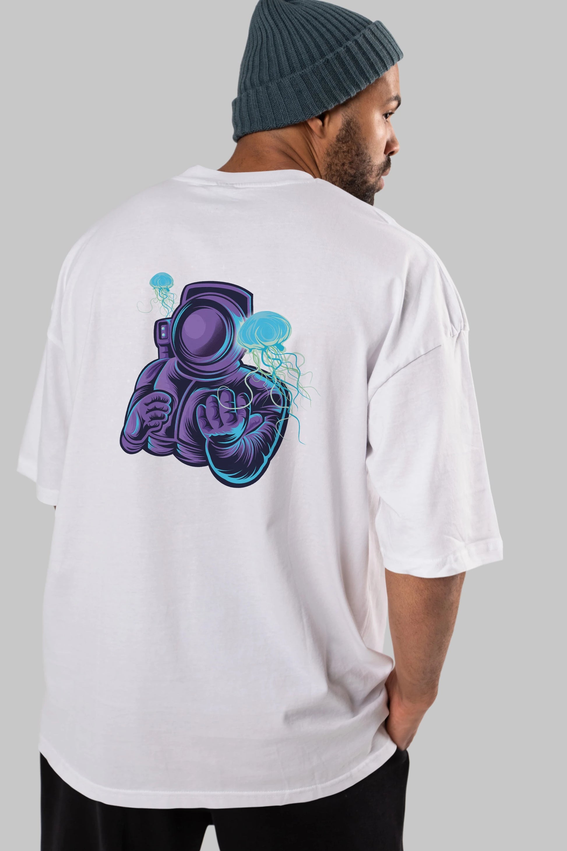 Astronaut and Jellyfish Arka Baskılı Oversize t-shirt Erkek Kadın Unisex