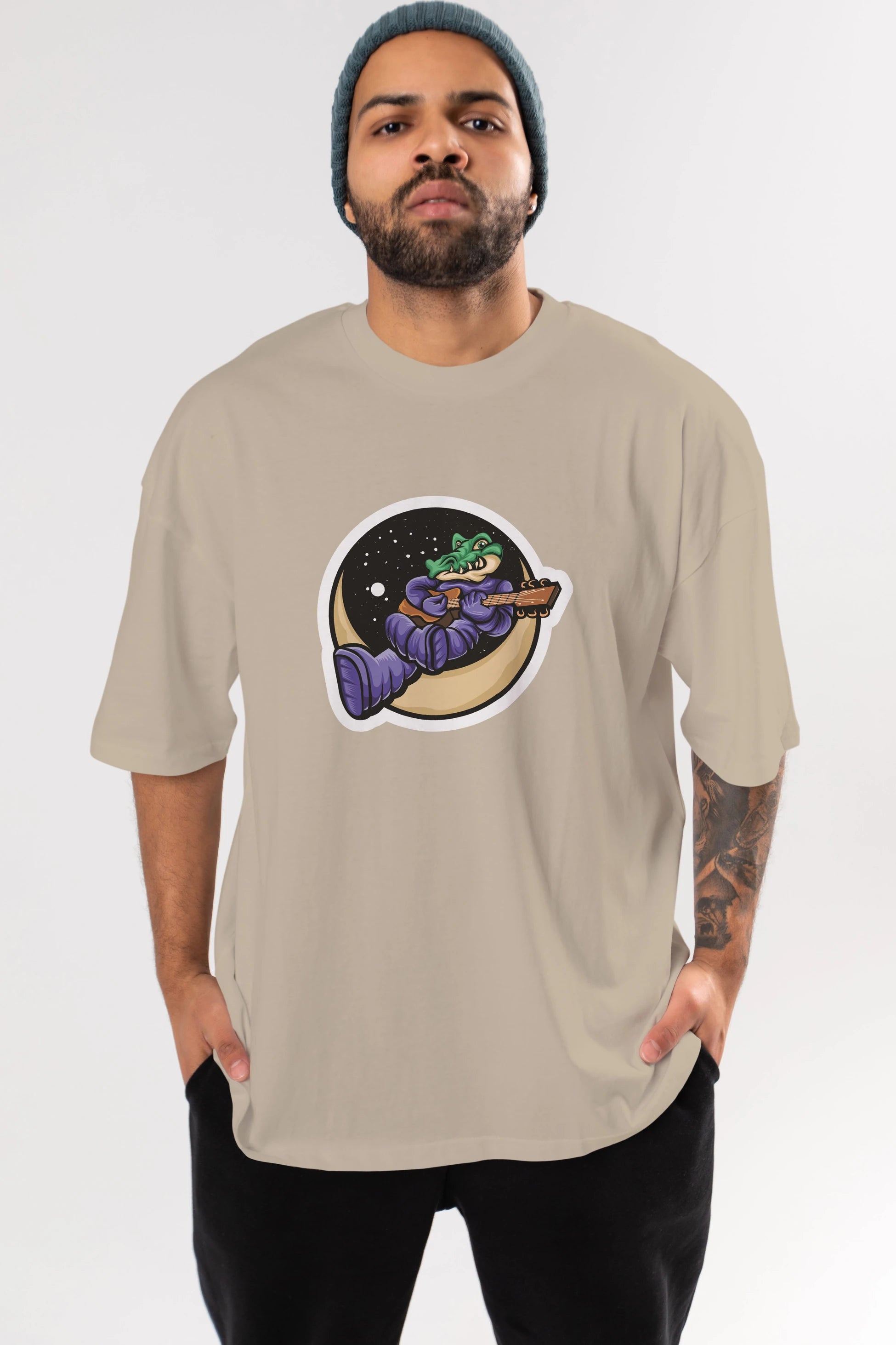 Space Crocodile Sticker Ön Baskılı Oversize t-shirt Erkek Kadın Unisex
