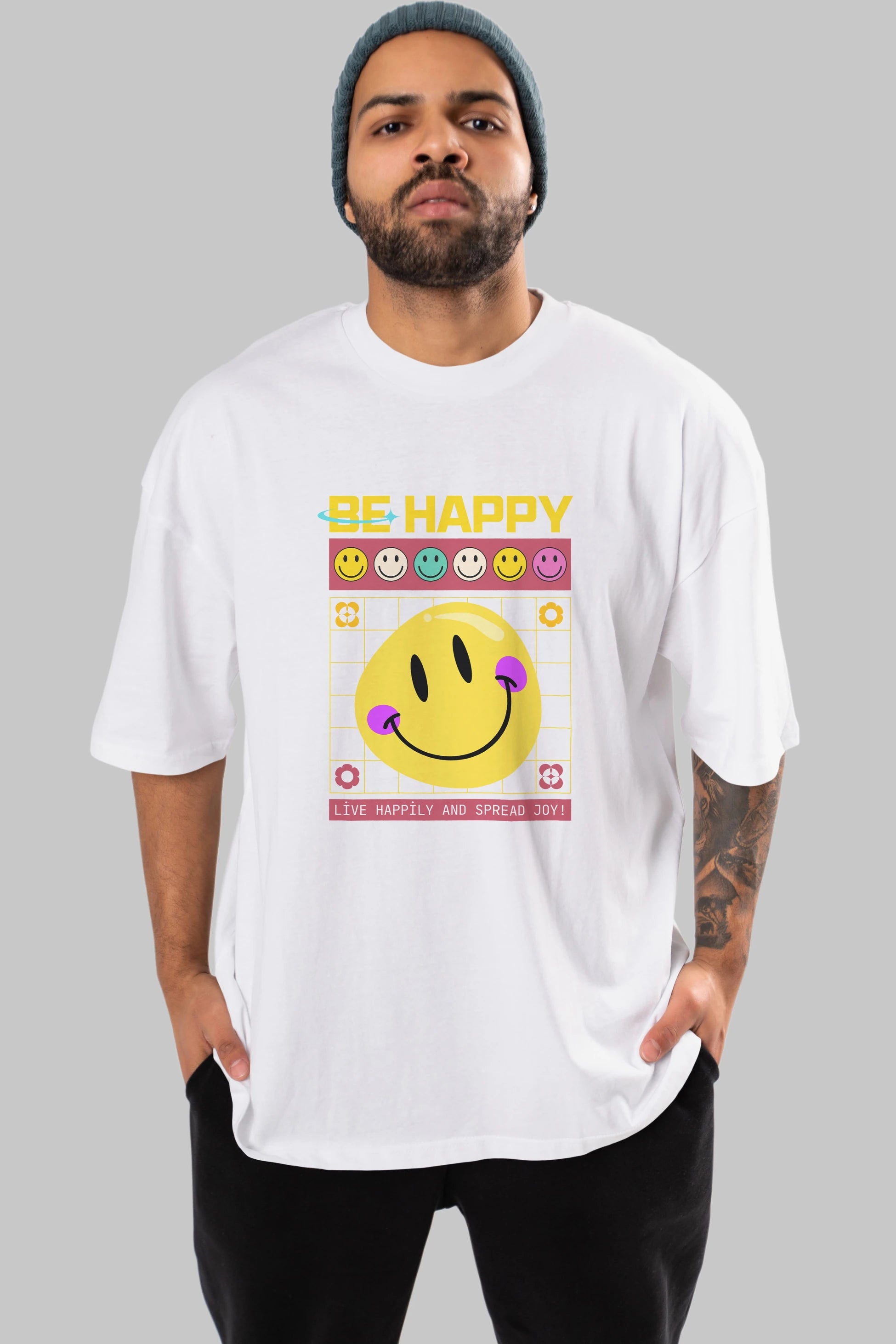 Be Happy Yazılı Ön Baskılı Oversize t-shirt Erkek Kadın Unisex