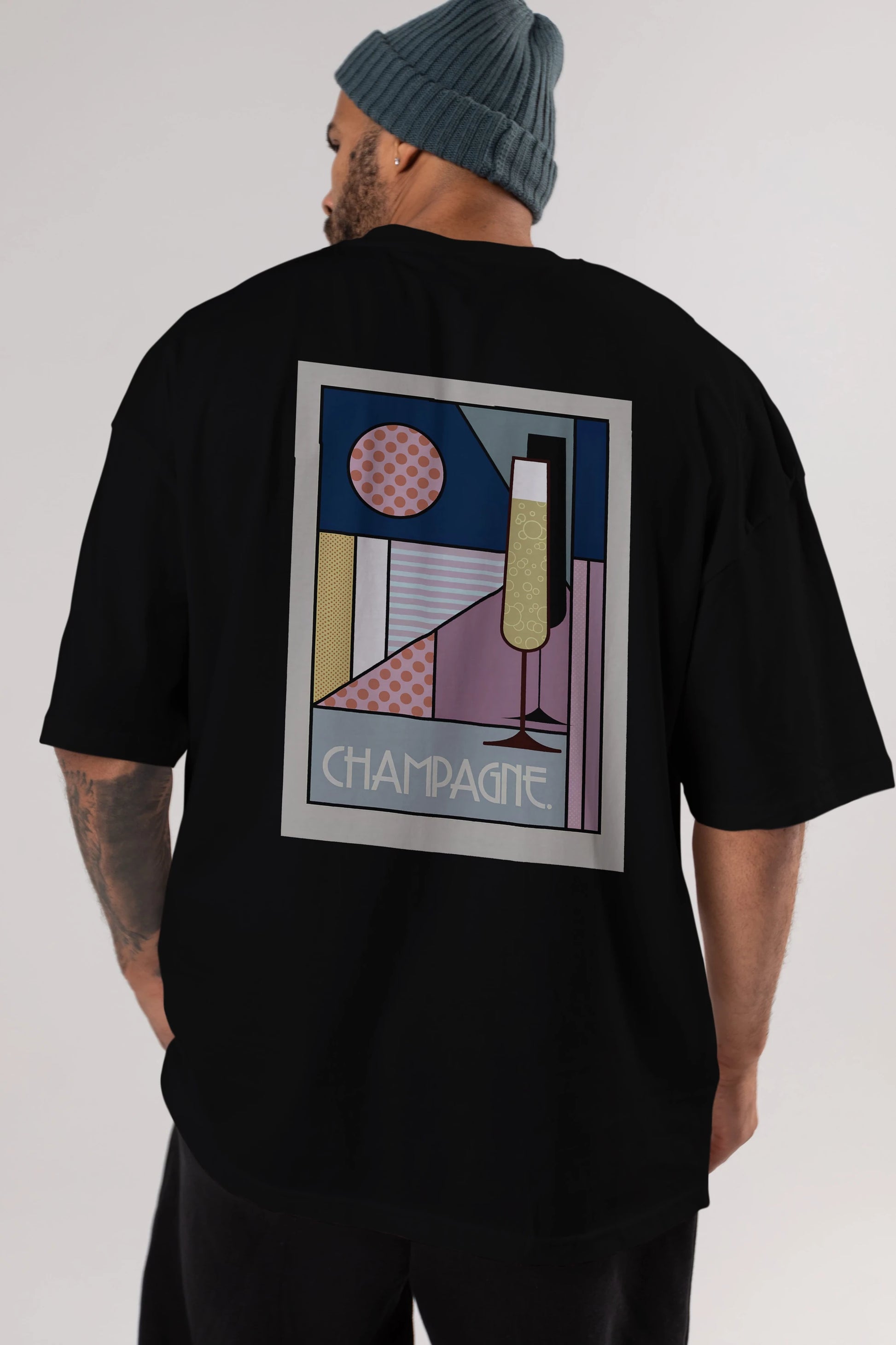Champagne Arka Baskılı Oversize t-shirt Erkek Kadın Unisex %100 Pamuk Bisiklet Yaka tişort